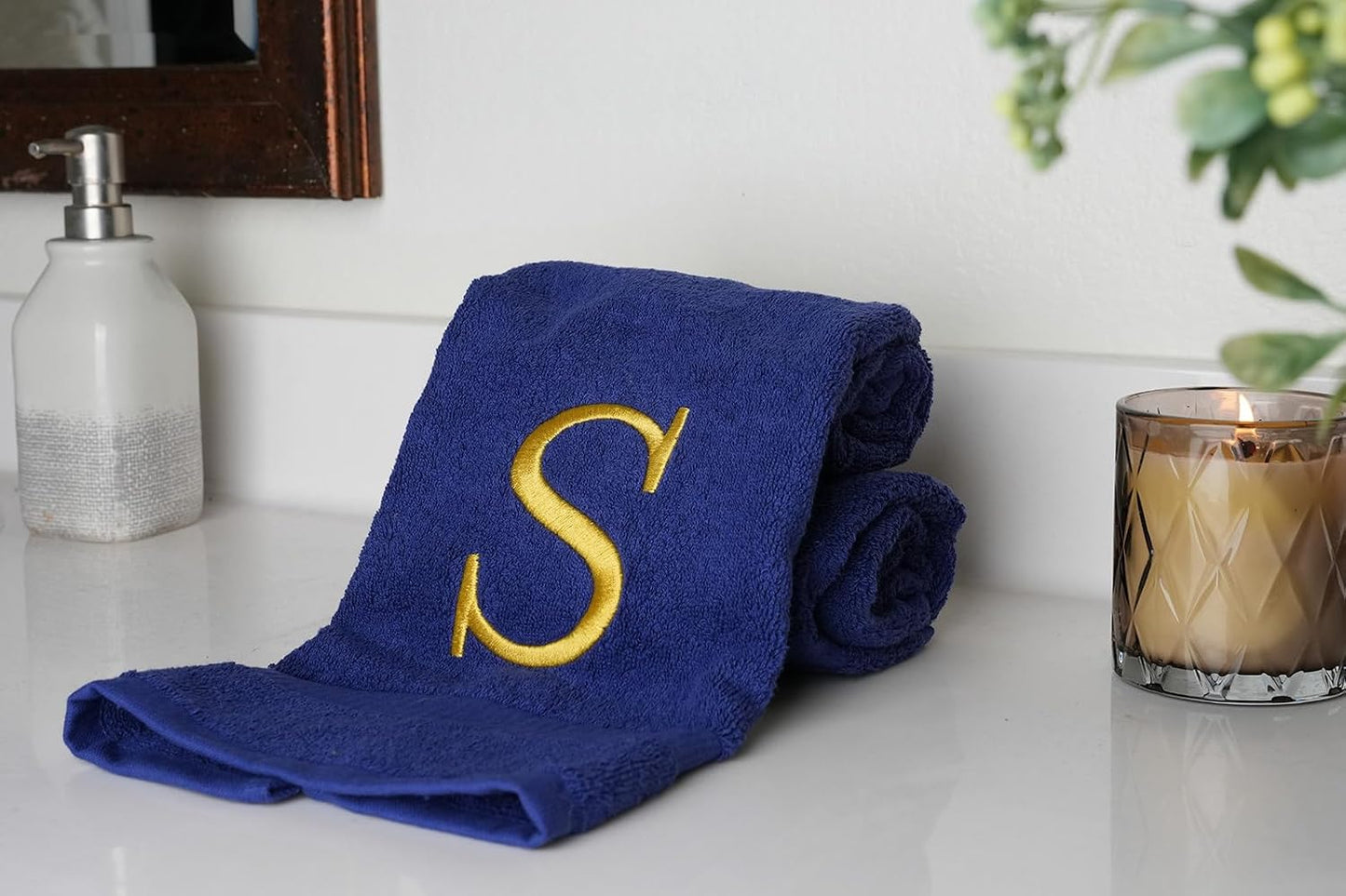 Navy with Gold Monogrammed Hand Towels for Bathroom - Set of 2 Letter S | Luxury Hotel Quality Initial Towels For