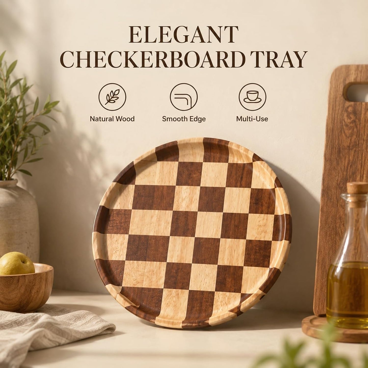 Checkered Tray Round Wooden Trays for Decor / 11 Inch