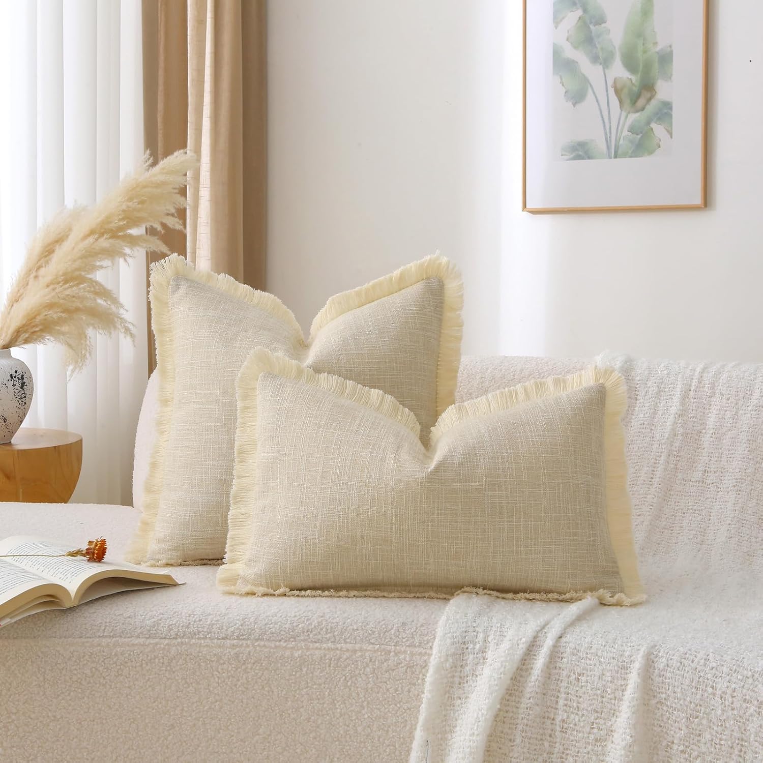 Natural Boho Burlap Fringe Decorative Throw Pillow Covers Rectangle / Beige / 20 x 12 / Set of 2