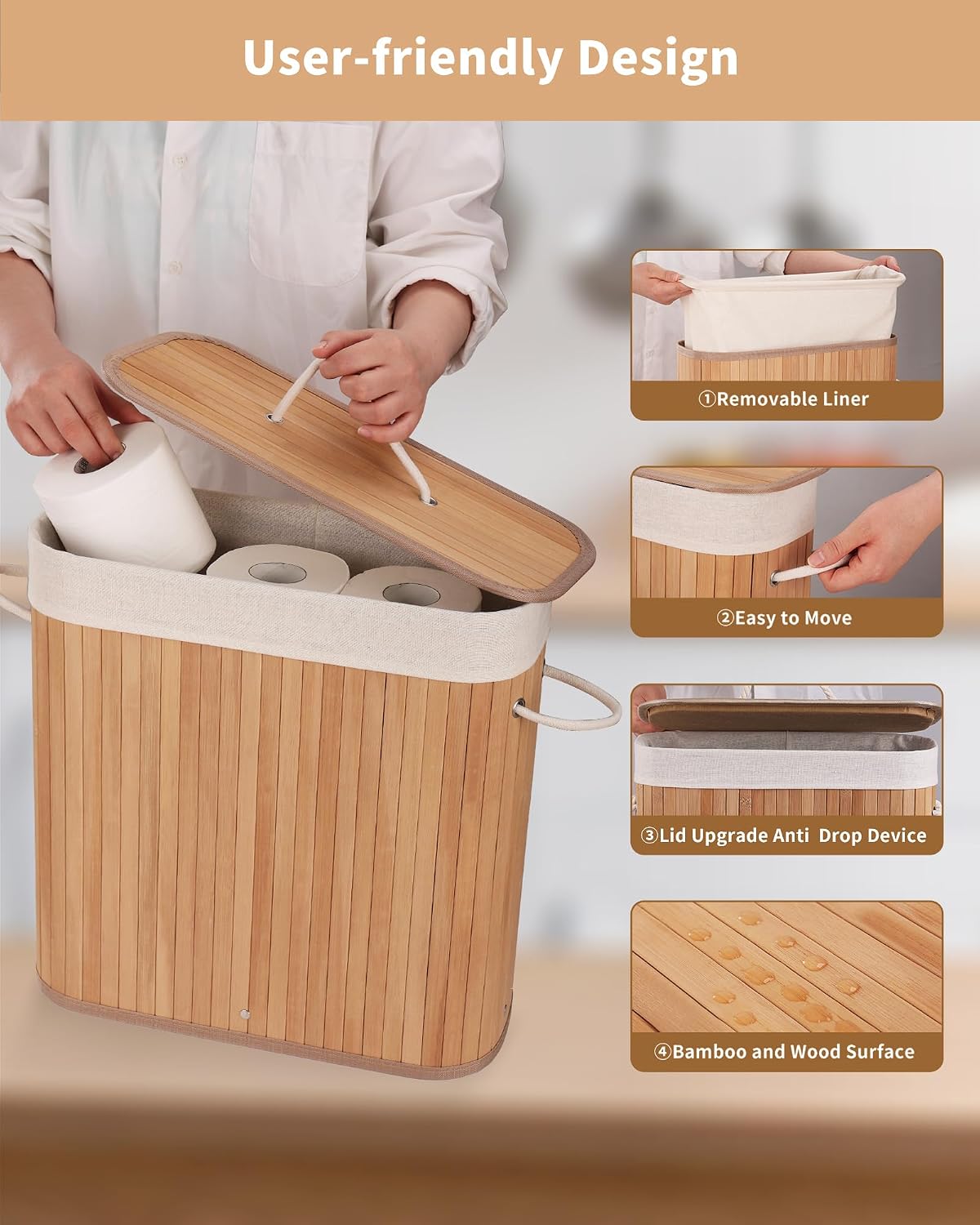 Bamboo Toilet Paper Storage with Lid & Handel, 8 Gallons (30L), Sturdy Toilet Paper Basket, Organizer for Bathroom
