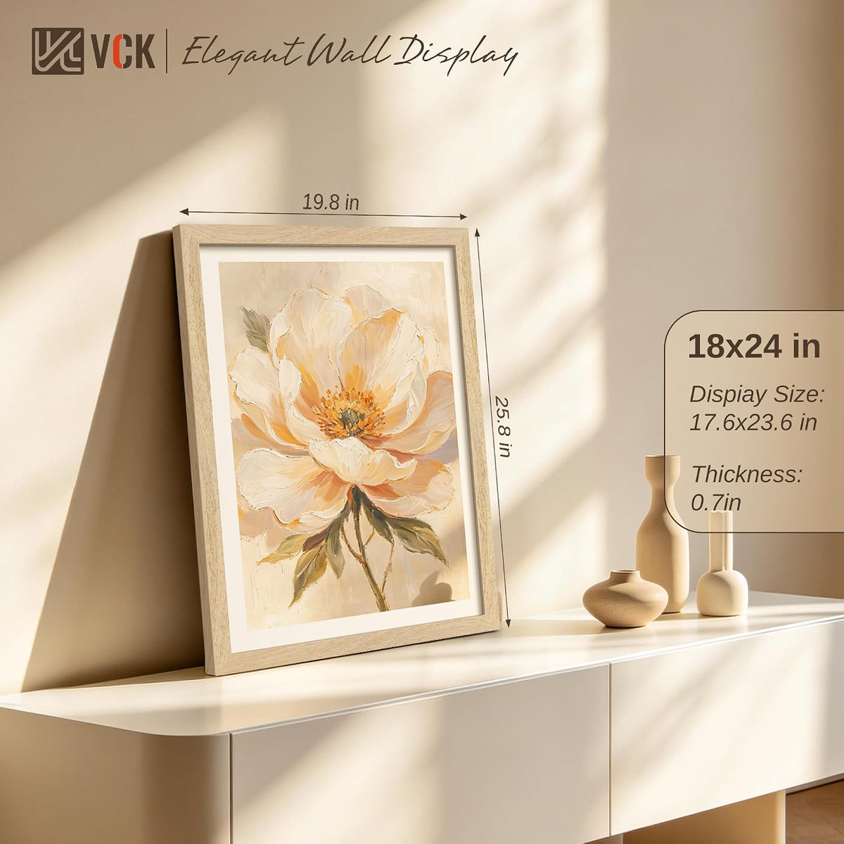 VCK 18x24 Poster Frames Set of 6, Natural Solid Wood, Wall Hanging | Wide Border, Light Woodgrain, Shatterproof