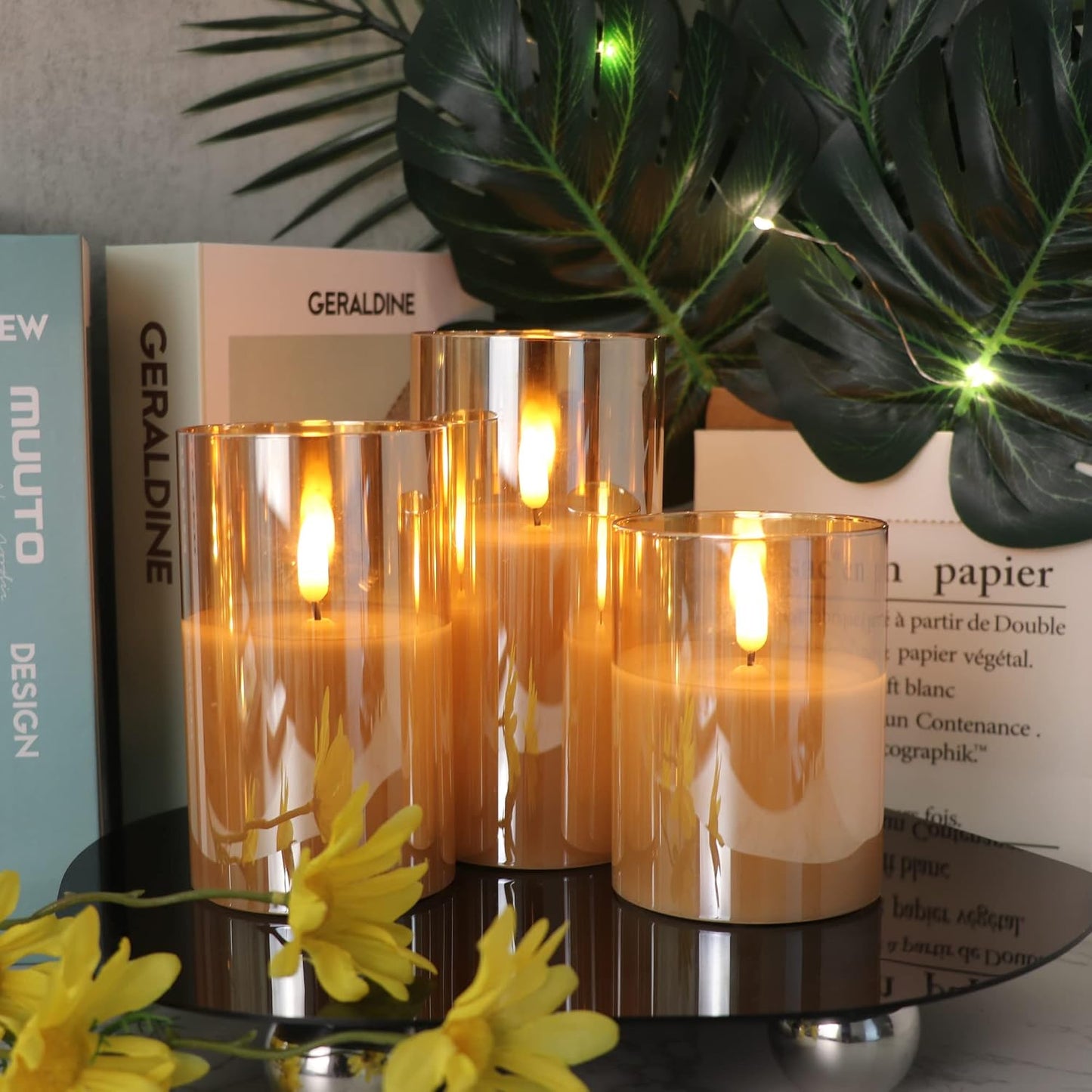 GenSwin Glass Flameless Fake Candles Battery Operated with Remote Gold | LED Candles, 3 Pack, Real Wax, Wedding