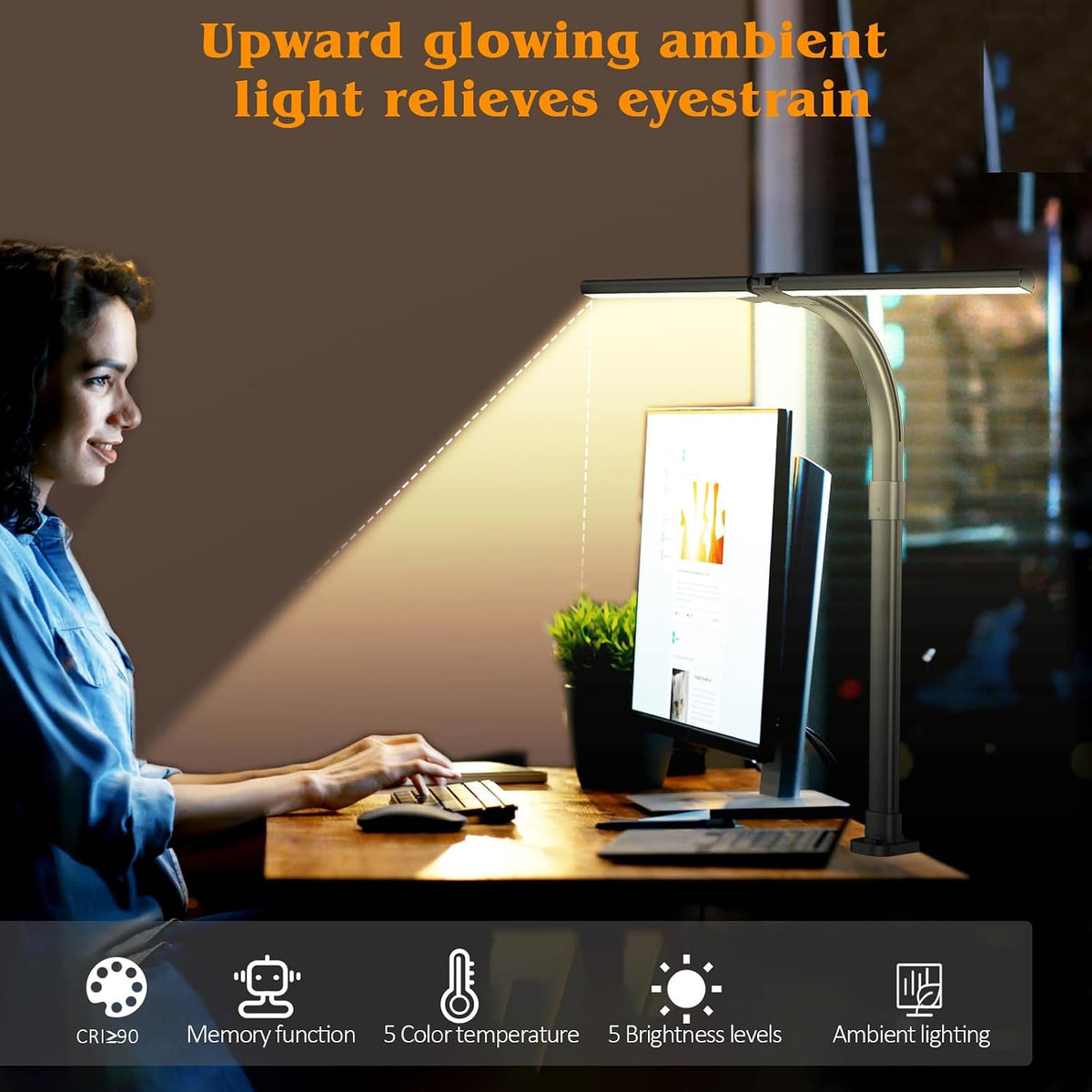 AKRRYR Led Desk Lamp for Home Office,24W Bright Eye-Caring Desk Light with Clamp,5 brightness and 5 temperatures