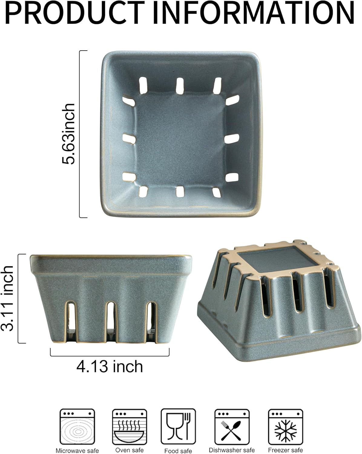 Ceramic Berry Basket / Slate Blue / Square-5.7 Inch / 5.7 Inch / Set of 2