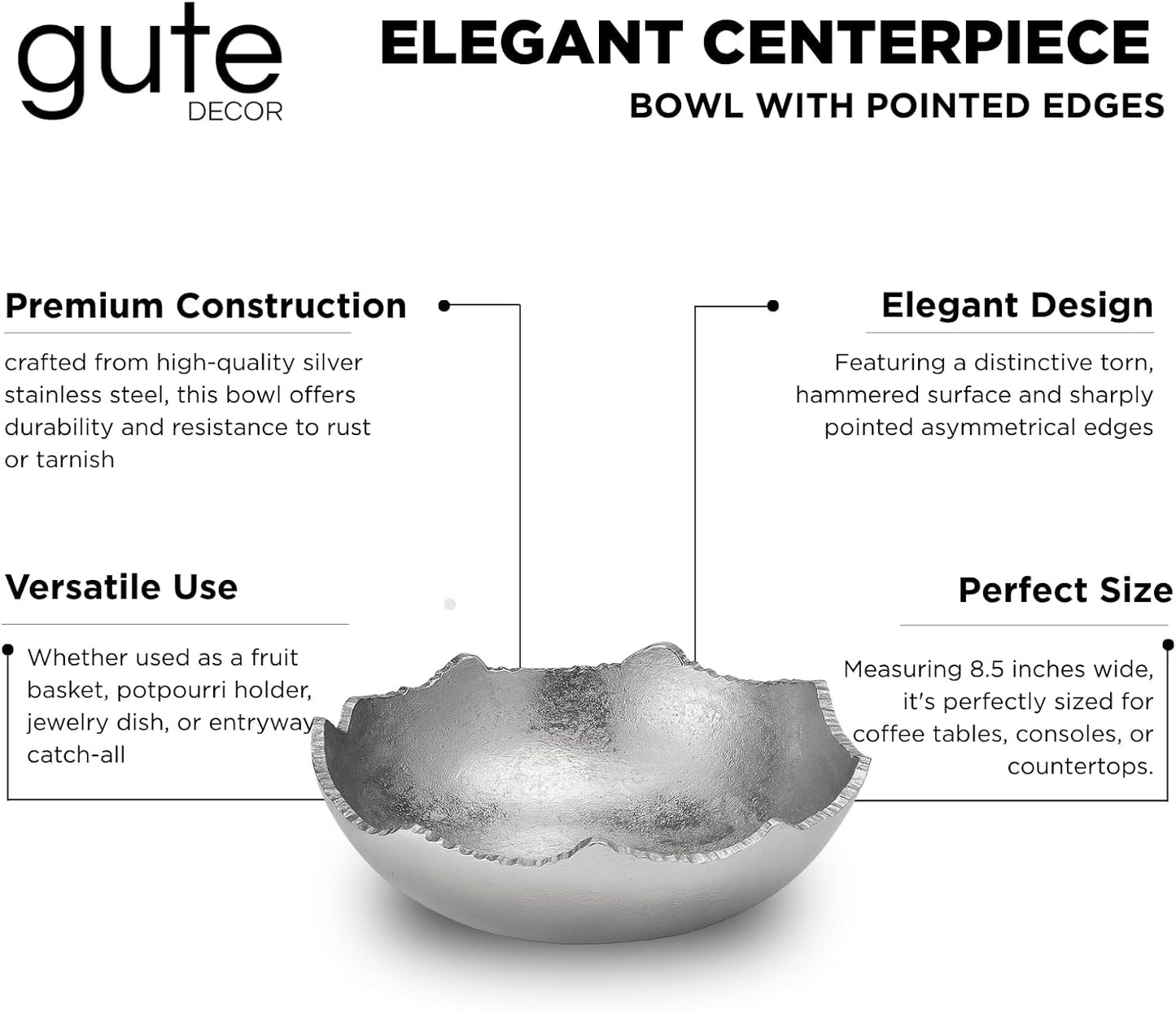 Decorative Moon Decorative Metal Torn Hammered Asymmetrical Centerpiece Bowl / Silver / 8.5 Inch