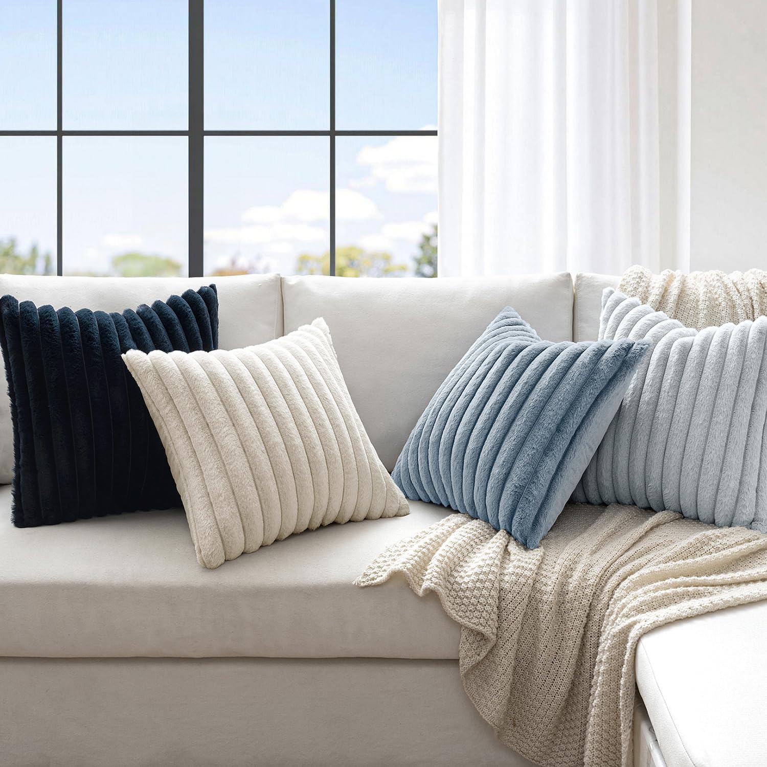 Faux Fur Plush Decorative Throw Pillow Covers / 18 x 18 / Navy Blue / Set of 4