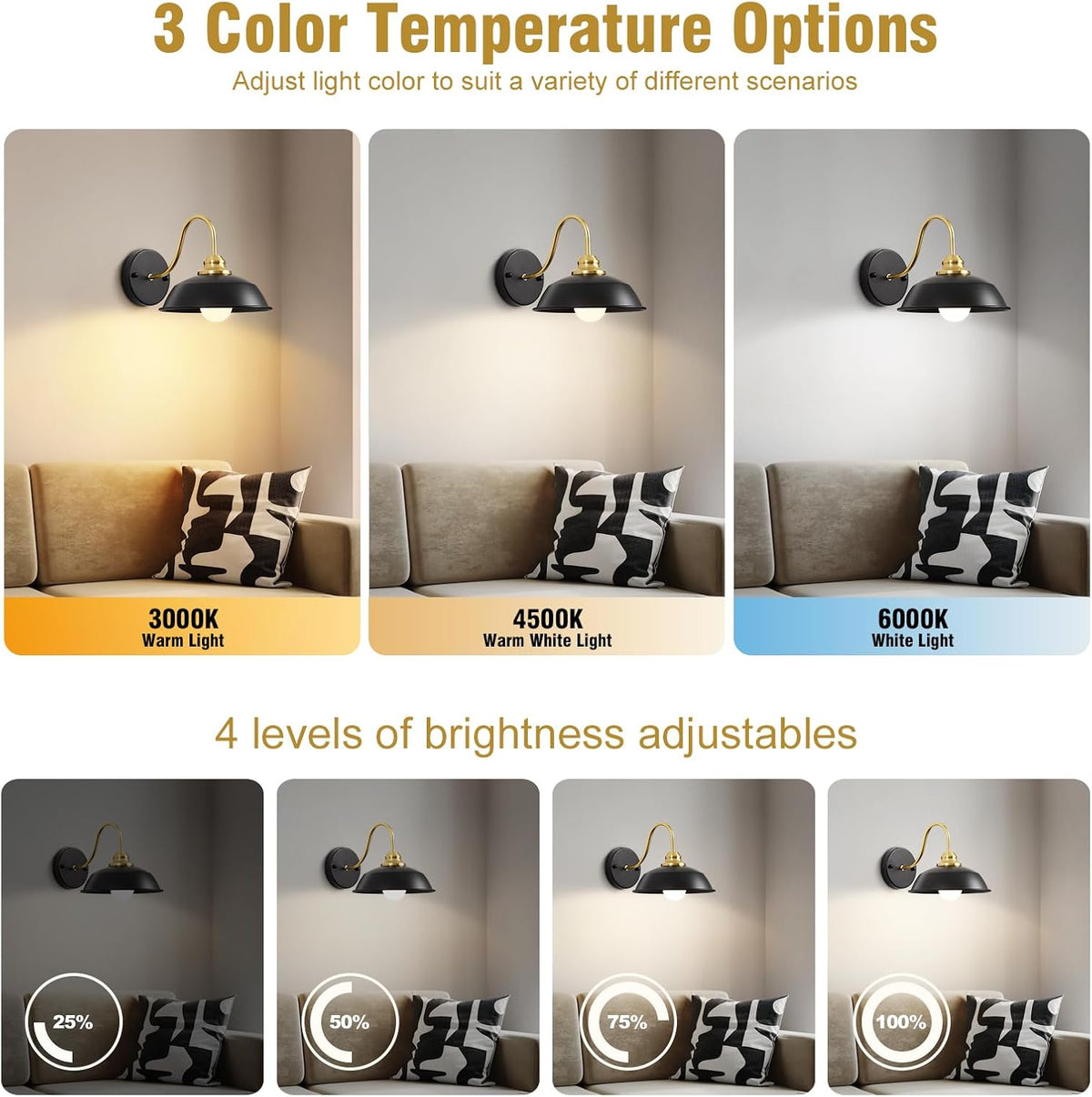 Battery Operated Wall Sconces Set of Two, Gold Wireless Wall Lights with Remote and Dimmable Bulbs for Bedroom/Living