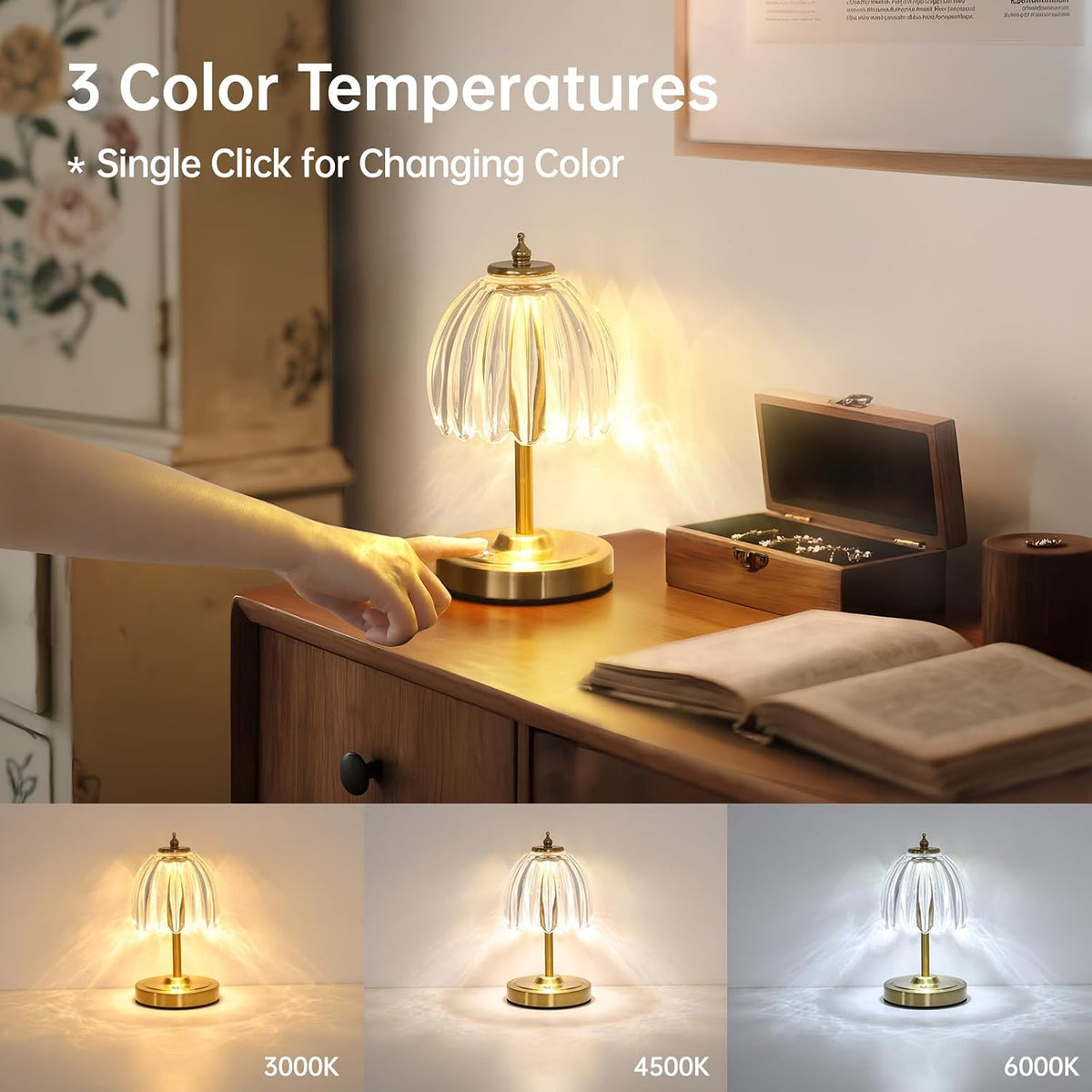 Shenmoyl Set of 2 Tulip Table Lamp with 5200mAh Battery & Touch Control, Cordless Small Table Lamp with 3 Colors
