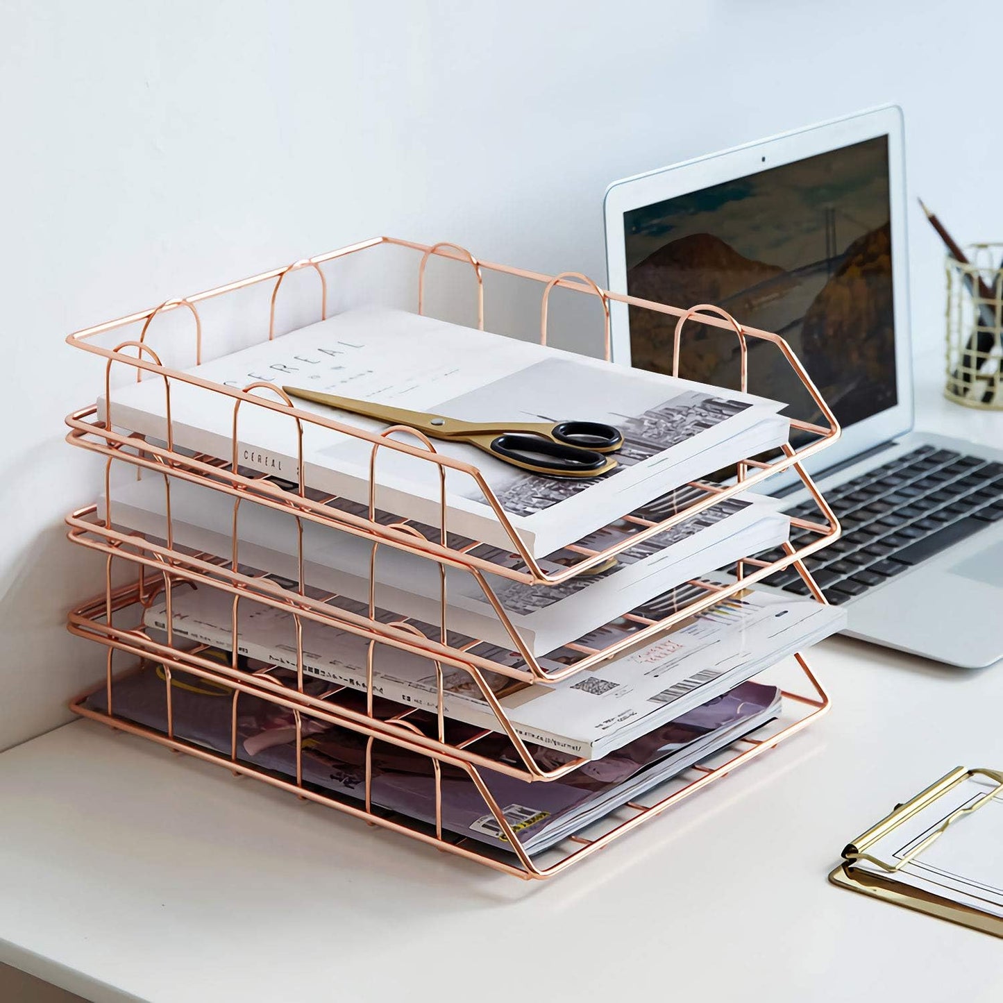 Rose 4-Tier Stackable Paper Tray Desk Organizer | Workspace Decorative Stacking Rack Supplies Holder, Metal Letter
