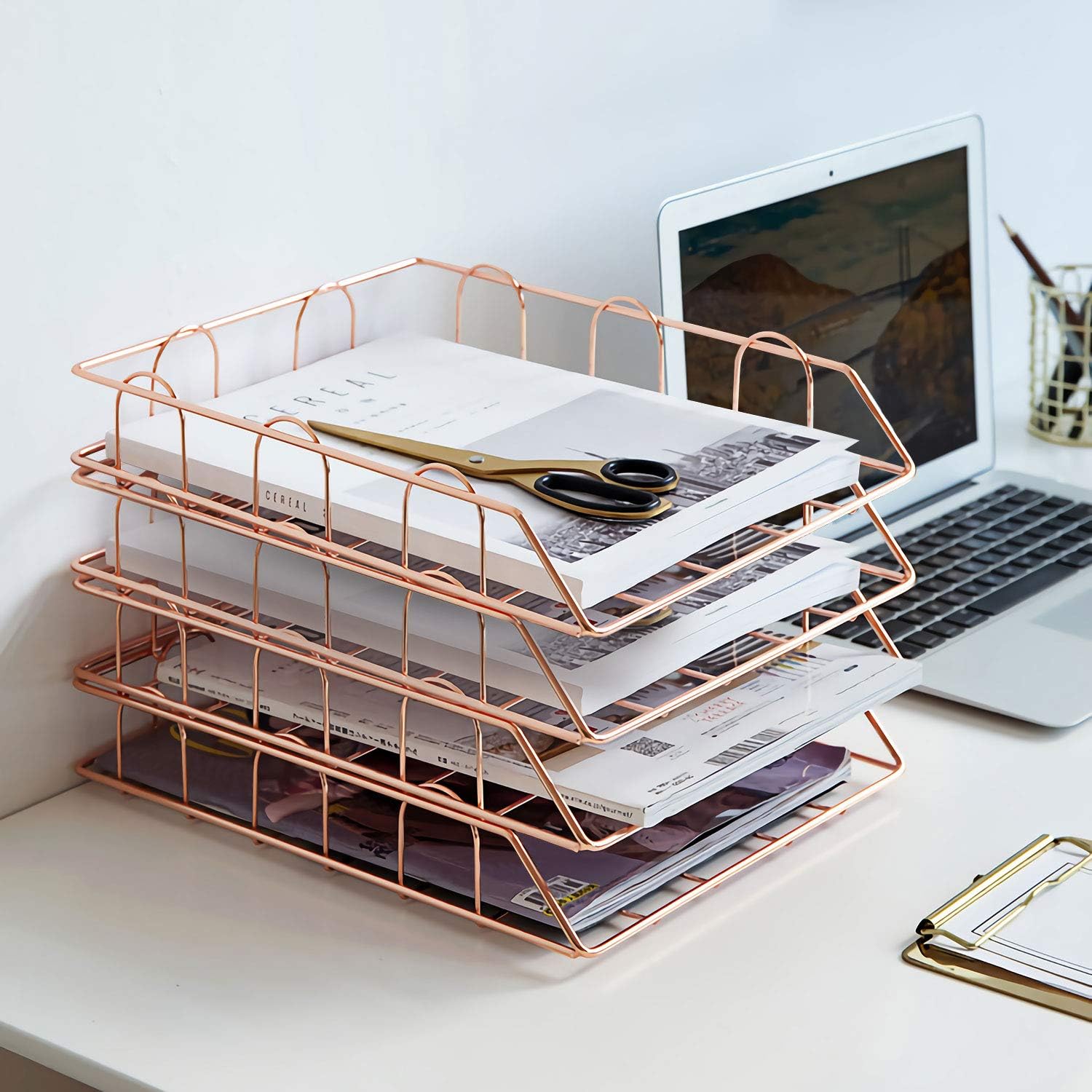 Rose 4-Tier Stackable Paper Tray Desk Organizer | Workspace Decorative Stacking Rack Supplies Holder, Metal Letter