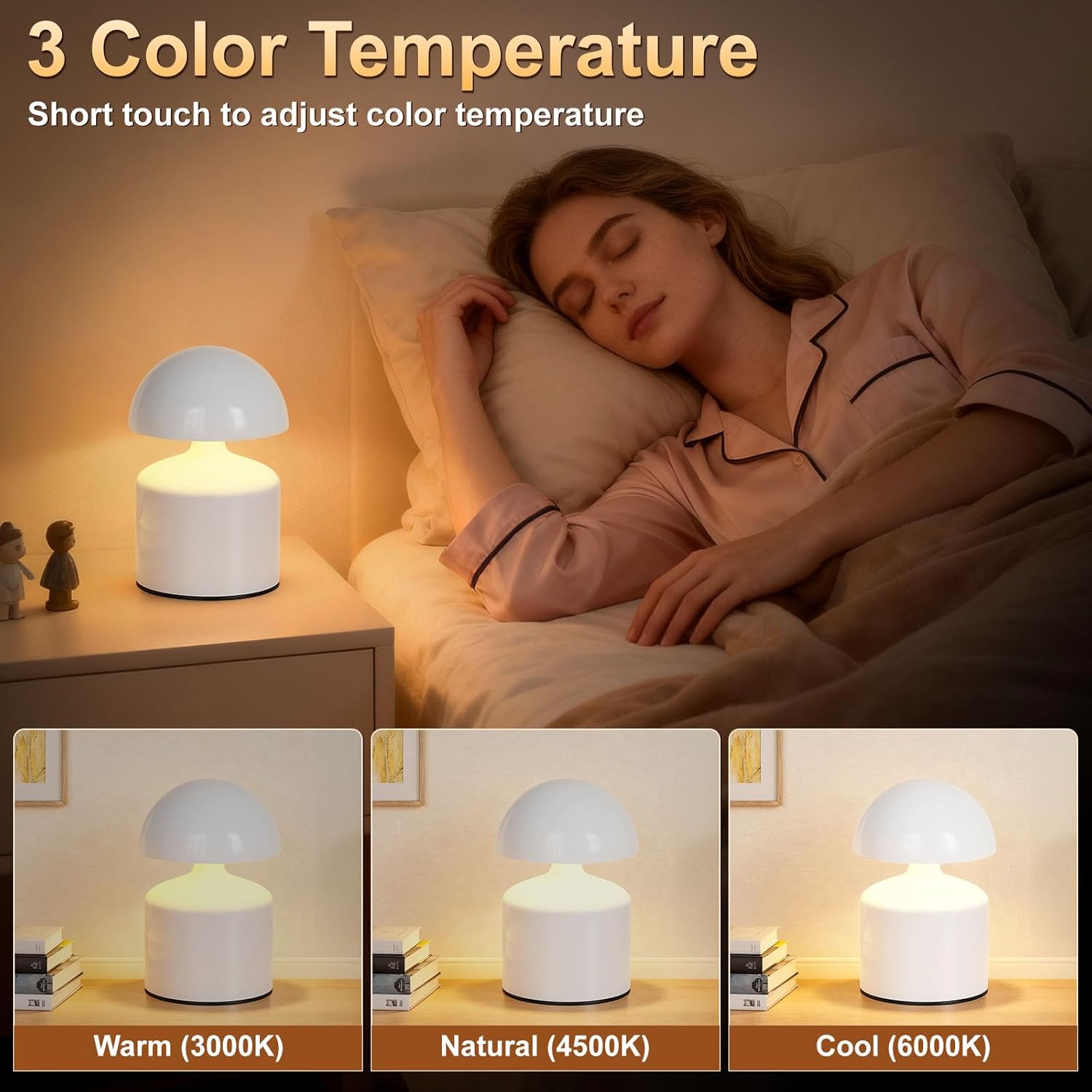 SAIWEYA Modern Cordless Mushroom Small Table Lamp, Dimmable Touch Battery | 3-Way Dimmable, Mini Rechargeable LED Desk