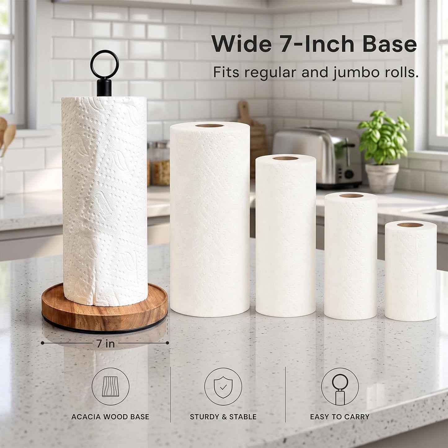 WILDMOS Paper Towel Holder Countertop, Solid Acacia Wood with Thick Metal Base, Black Freestanding Paper Towel Holder