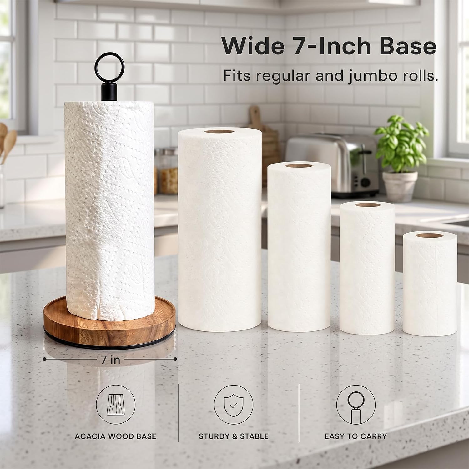 WILDMOS Paper Towel Holder Countertop, Solid Acacia Wood with Thick Metal Base, Black Freestanding Paper Towel Holder