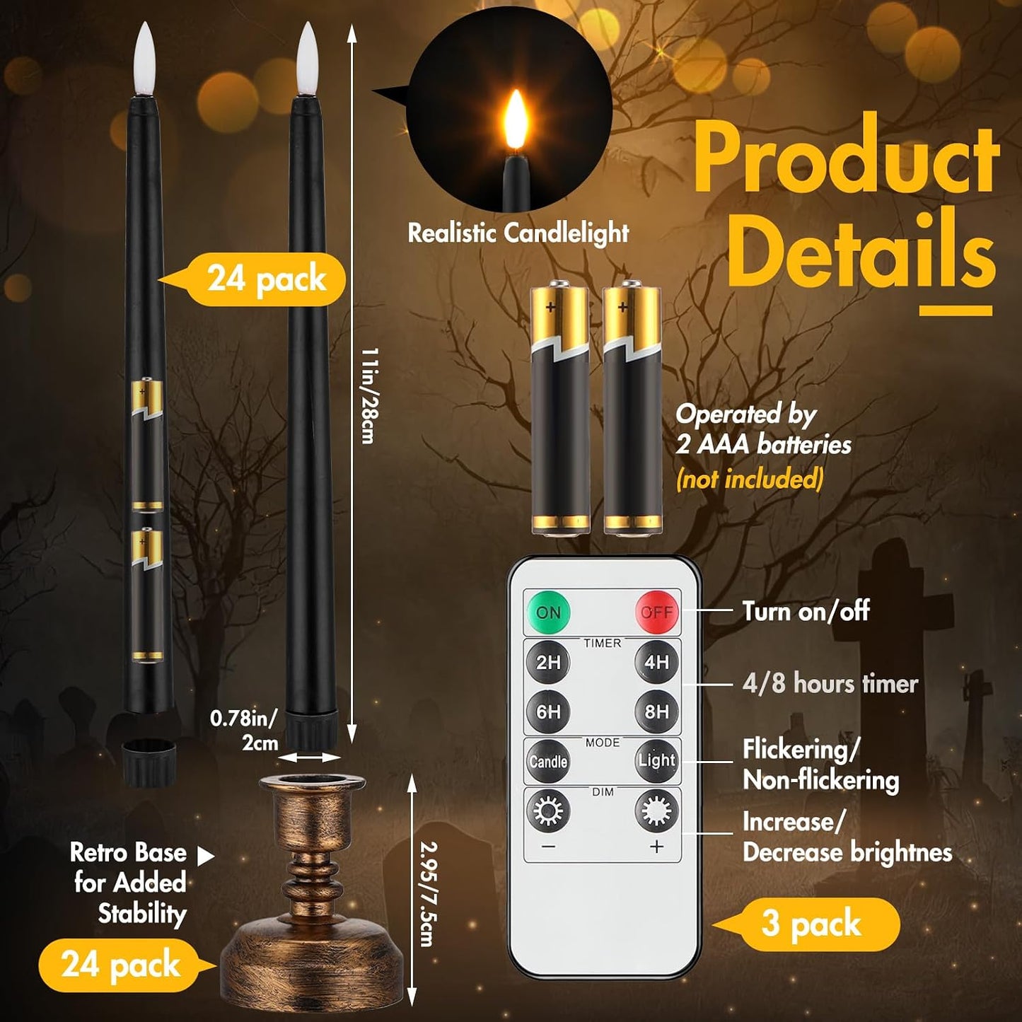 Fumete 24 Pack Flameless Taper Candles with Remote Control and Timer Flickering LED Taper Candles Realistic 3D Flame