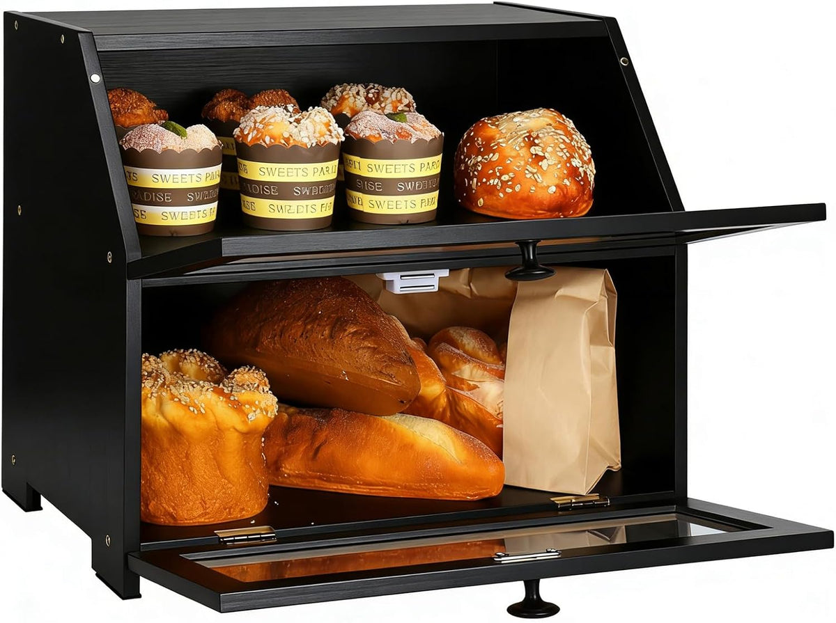 Bamboo Bread Box for Kitchen Countertop, Large Bread Storage Container Bin 2 Layer Breadbox Holder for Kitchen Counter