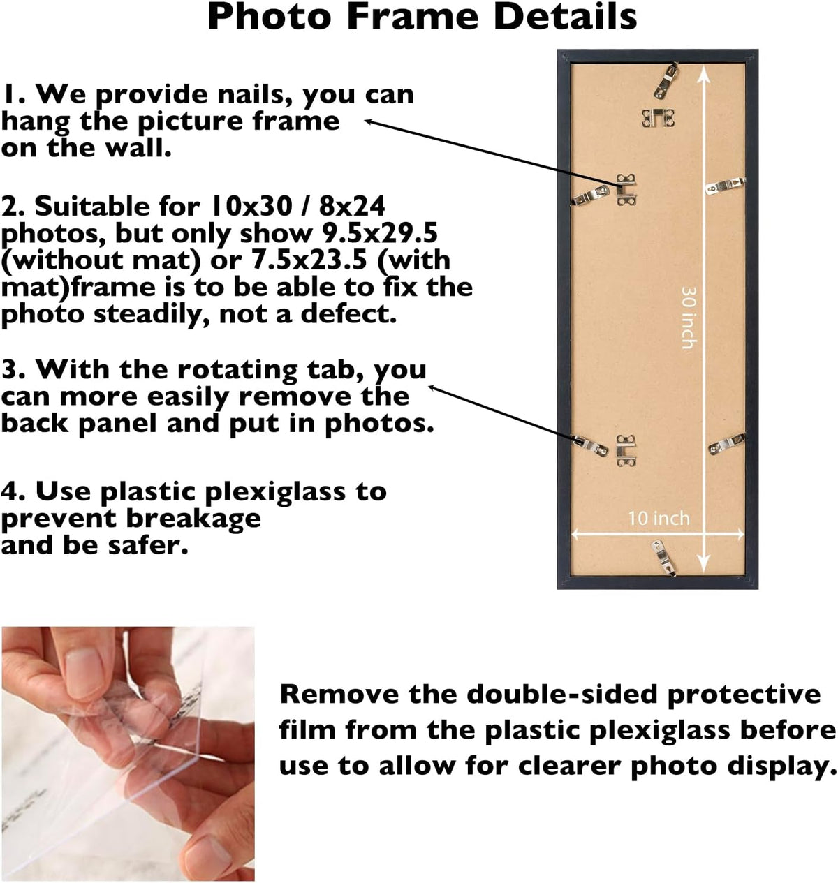 JCJMY 10x30 Picture Frame with 8x24 Mat Set of 4, Display Photo 8x24 with Mat or 10 x 30 Without Mat, Wall Hanging