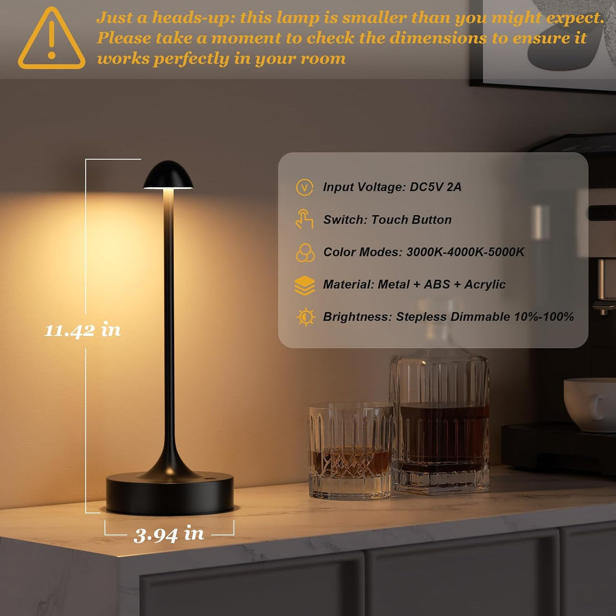 Cordless Rechargeable Table Lamp, Battery Operated Desk Lamp, Black, 2 Pack | Wireless Night Light, 3 Color Modes