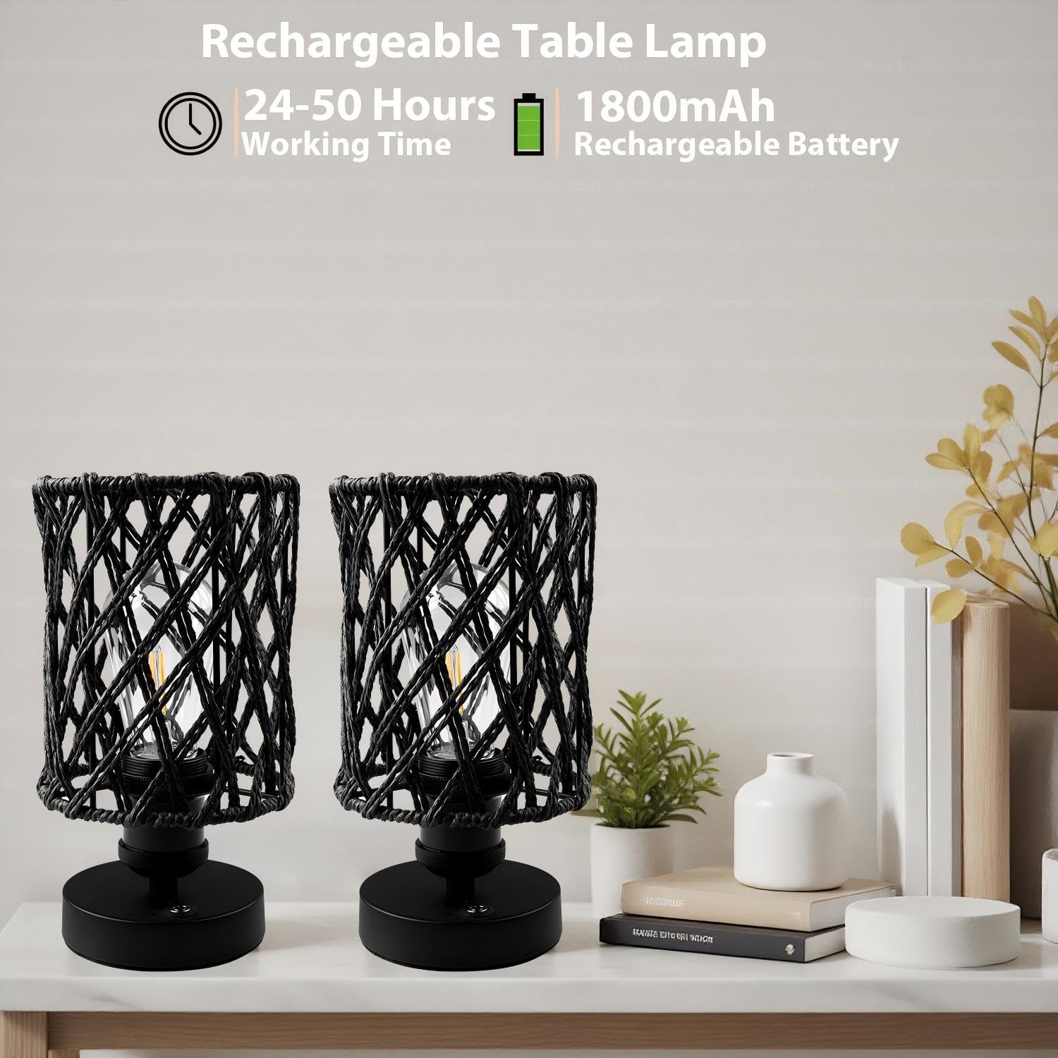Cordless Outdoor Table Lamps, Small Rattan Boho, Rechargeable Battery Operated for Outdoor Patio, Home, Living Room