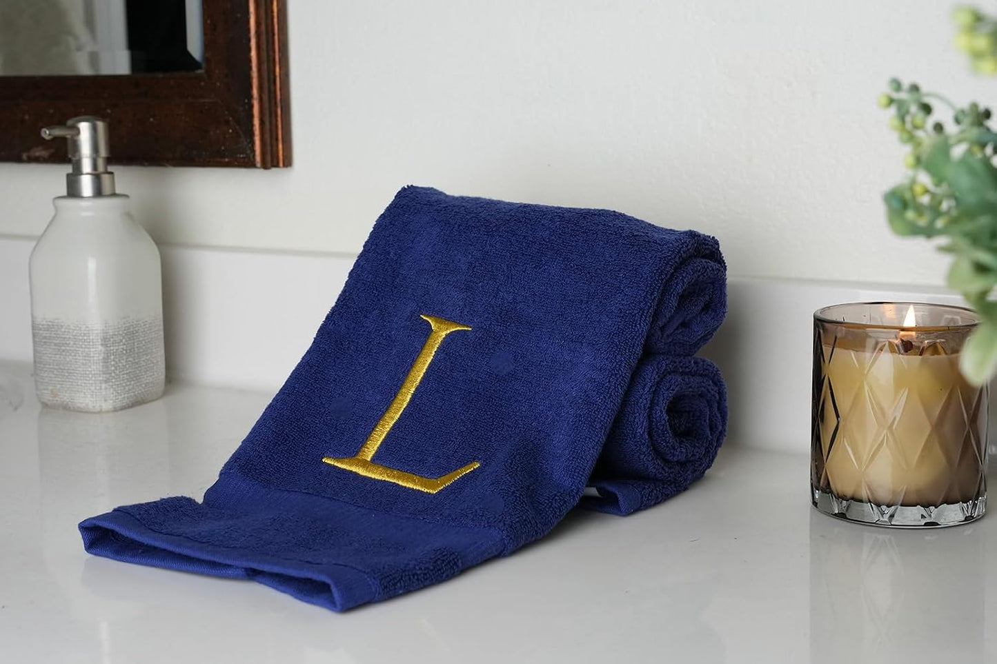 Navy with Gold Monogrammed Hand Towels for Bathroom - Set of 2 Letter L | Luxury Hotel Quality Initial Towels For