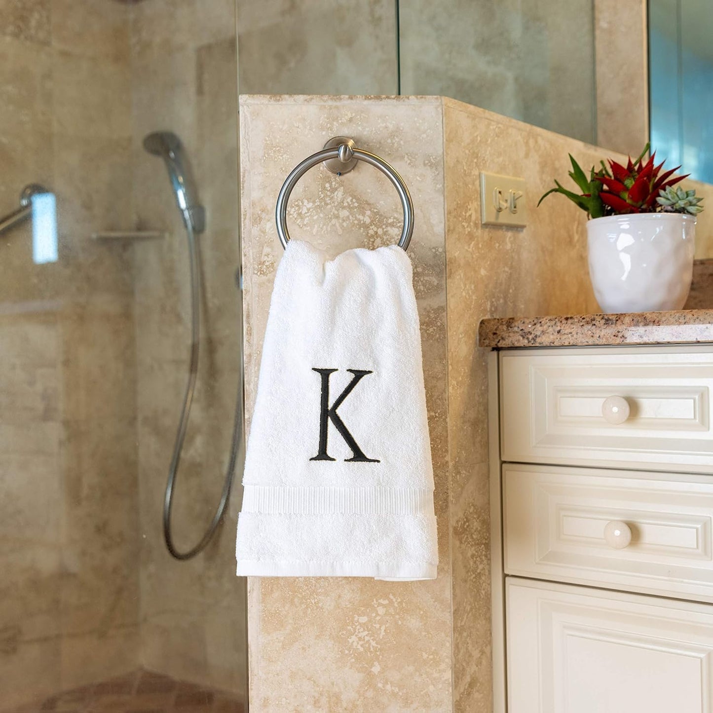 White with Dark Gray Monogrammed Hand Towels for Bathroom Set of 2 Letter K | Luxury Hotel Quality Initial Towels For