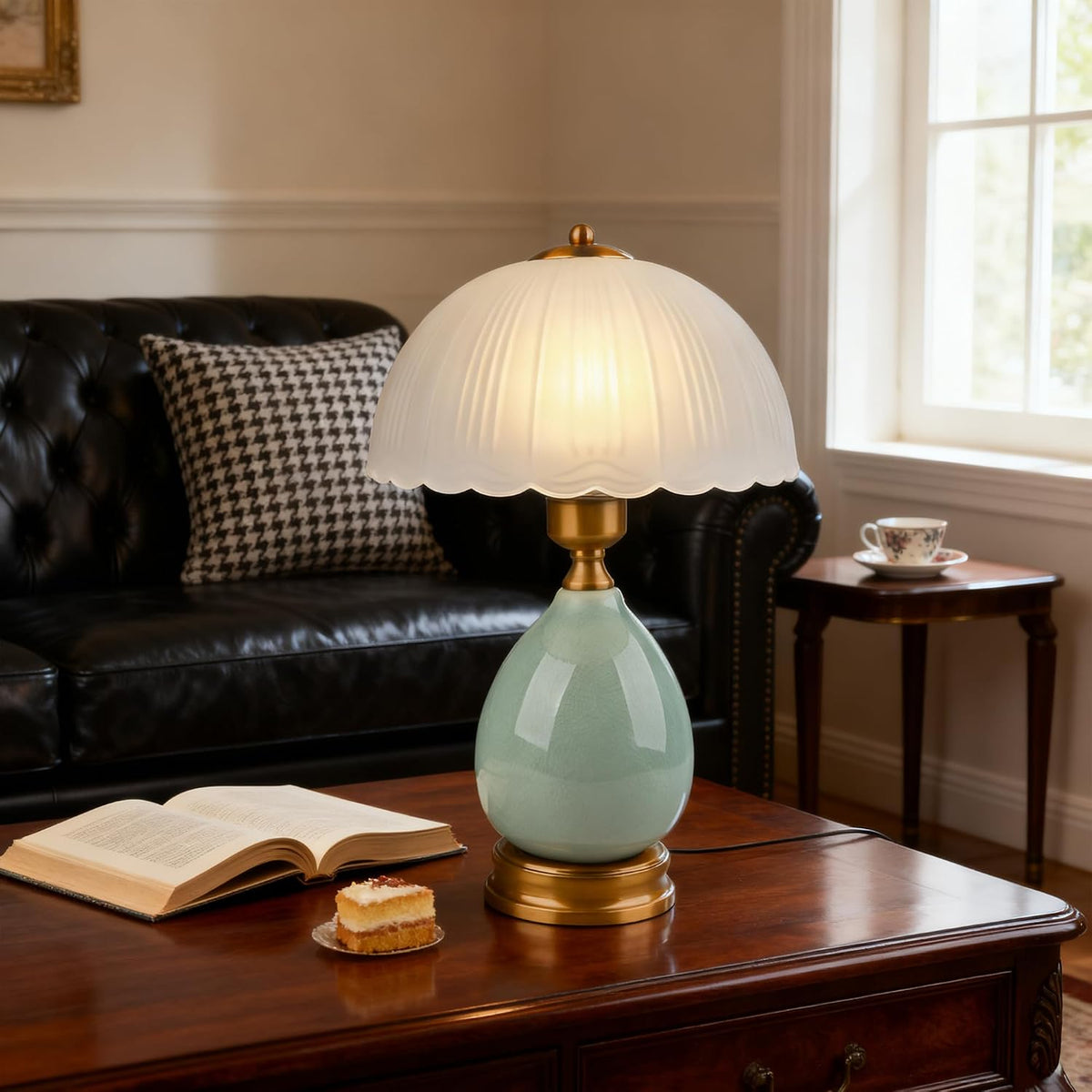 Ceramic Retro Table Lamp, Vintage, 15", Chinoiserie Green Glass | Traditional Design, For Living Room, Bedside