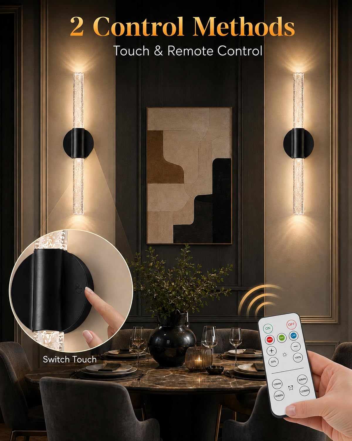 Black Rechargeable Wall Sconces Set of 2, Cordless Wall Lights | Wireless Magnetic Battery Sconces Wall Decor Set of 2
