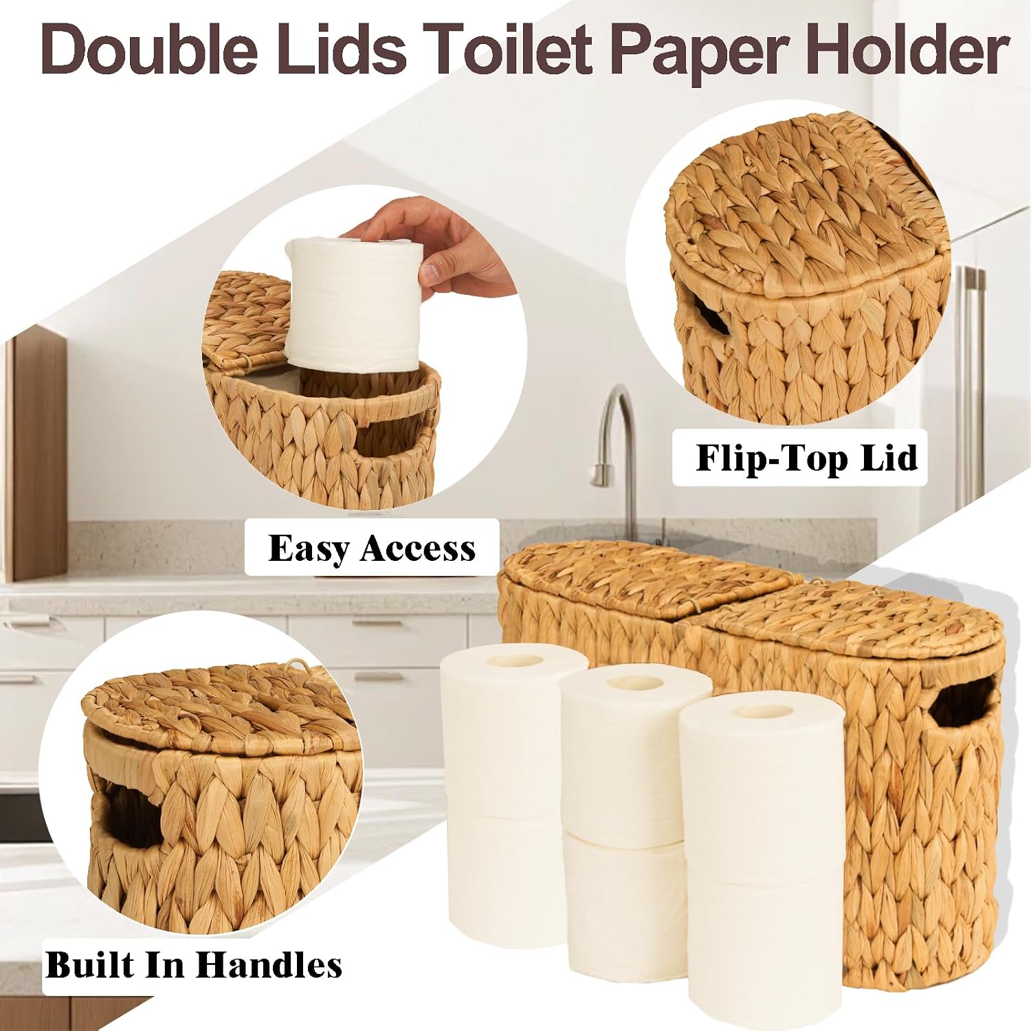 FairyHaus Wicker Toilet Paper Storage Basket with Lid & Handles, 6 Rolls Handwoven Toilet Paper Holder with Storage