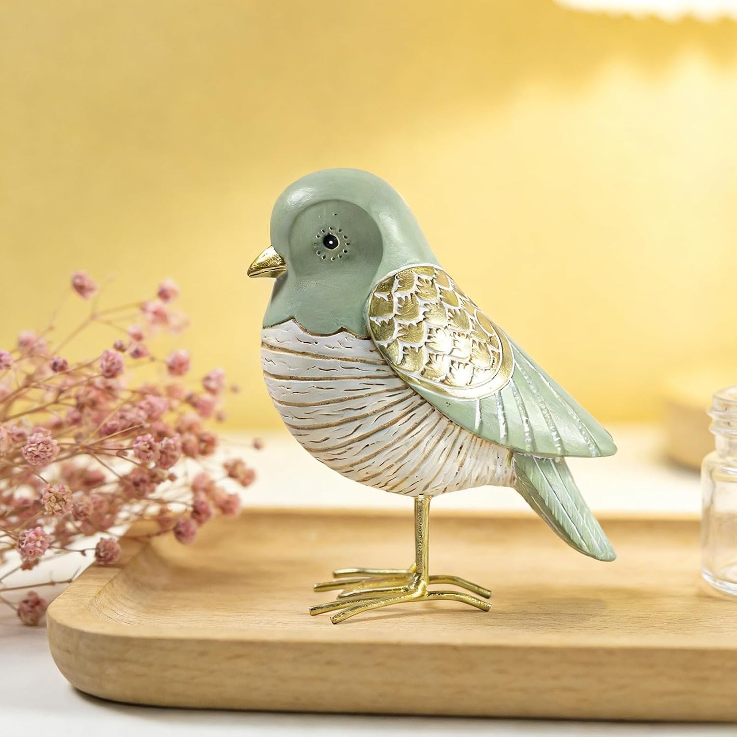 Elegant & Gold Bird Resin Statue / Green