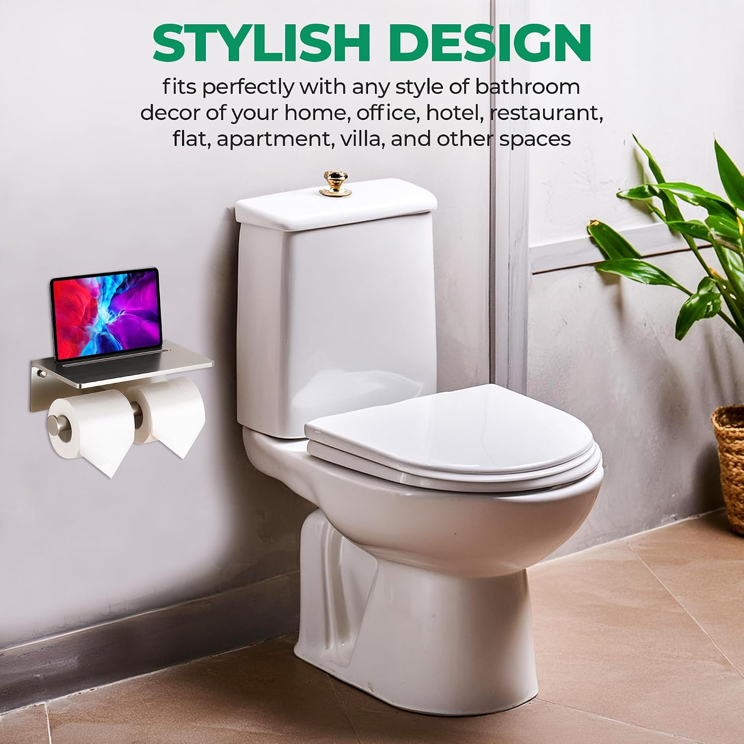 Toilet Paper Holder - Aluminium Double Roll Toilet Tissue Holder with Mobile Phone Shelf for Bathroom, 3M Self Adhesive