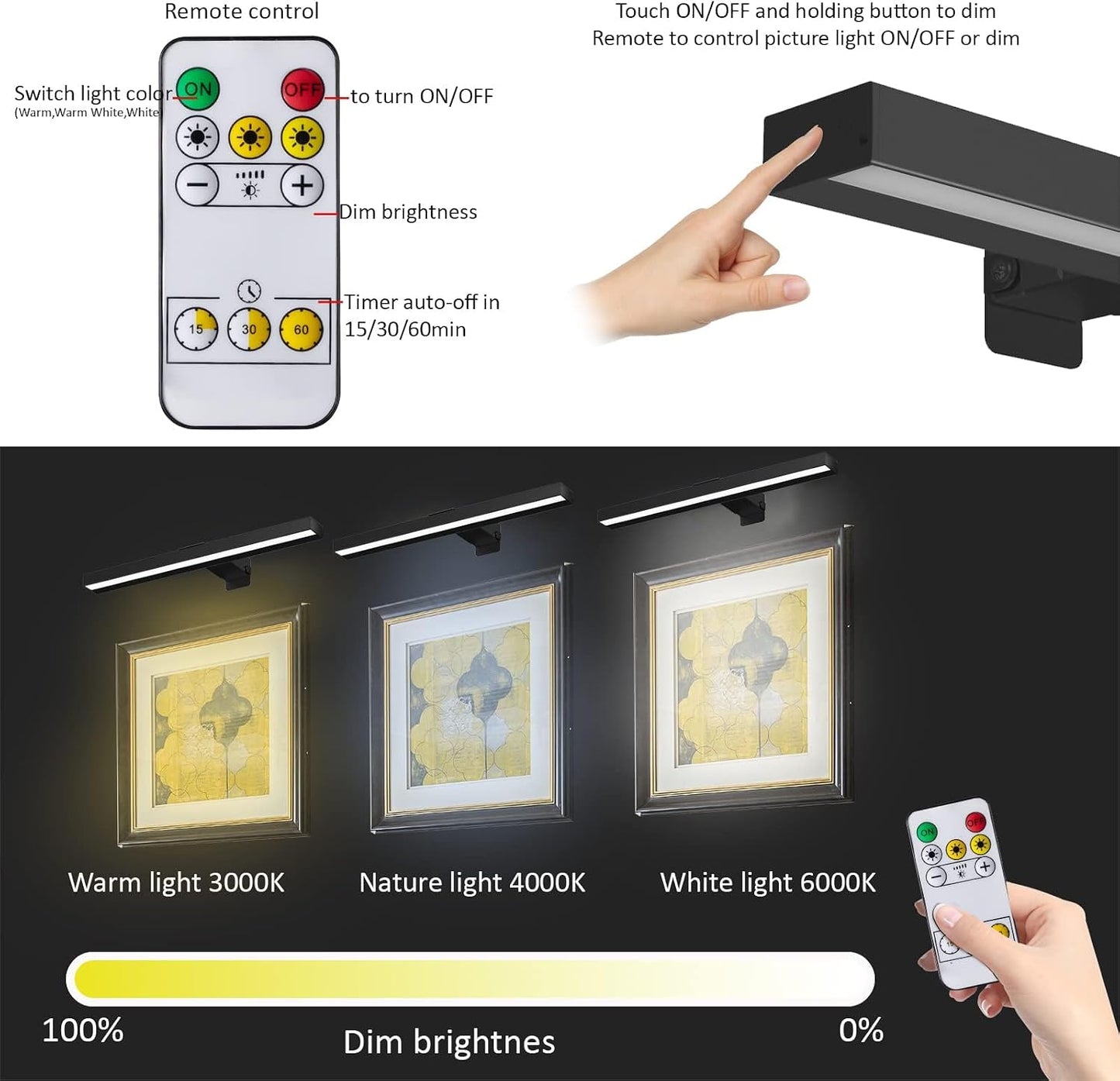 MIOBLUE Cordless Picture Lights with Remote, 16in Metal Battery Operated Picture Light,Rechargeable Display Lamp with 3
