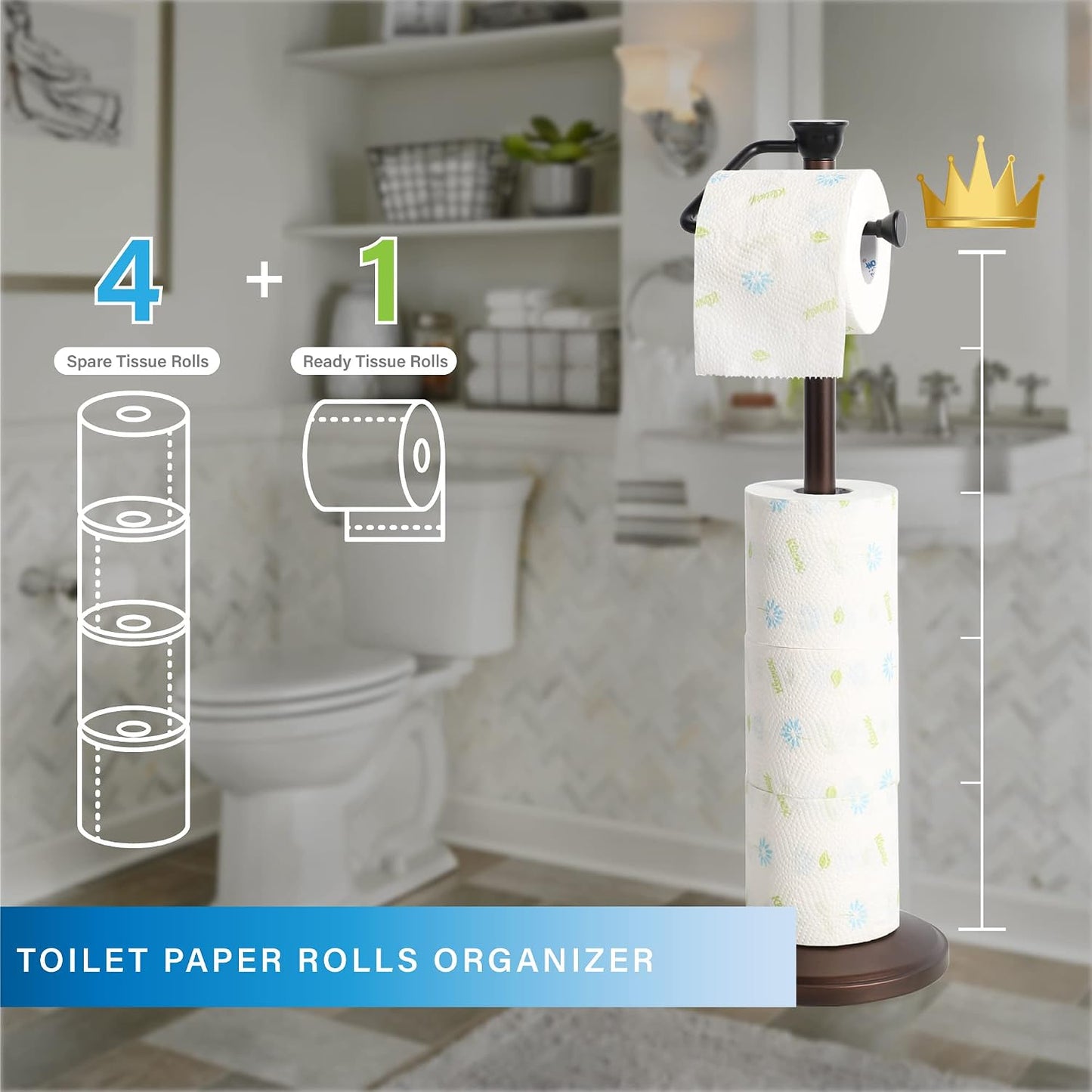 Toilet Paper Holder Stand, Freestanding Tissue Roll Dispenser with Reserve Storage, Bathroom Organizer for 5 Mega