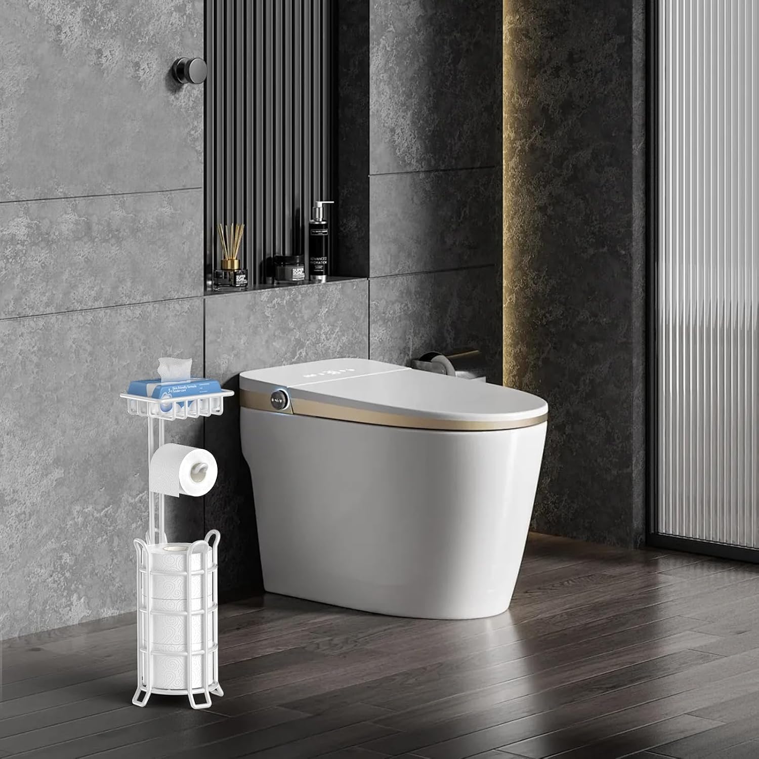 TomCare Toilet Paper Holder Free Standing with Shelf, Stable 4 Raised Feet | Stores 4 Mega Rolls, Tool-Free Assembly