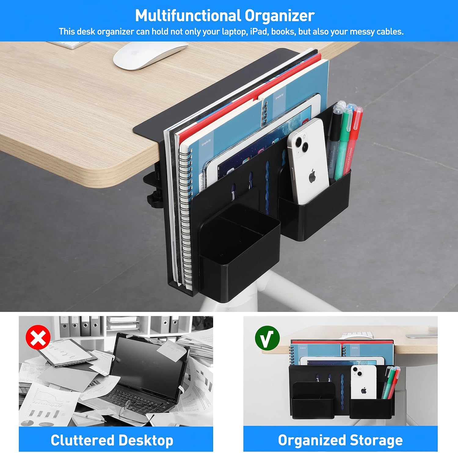 MAXECHO Desk Side Storage, Under Desk Laptop Mount, Table Side Hanging File Organizer, No Drill Clamp On Cable