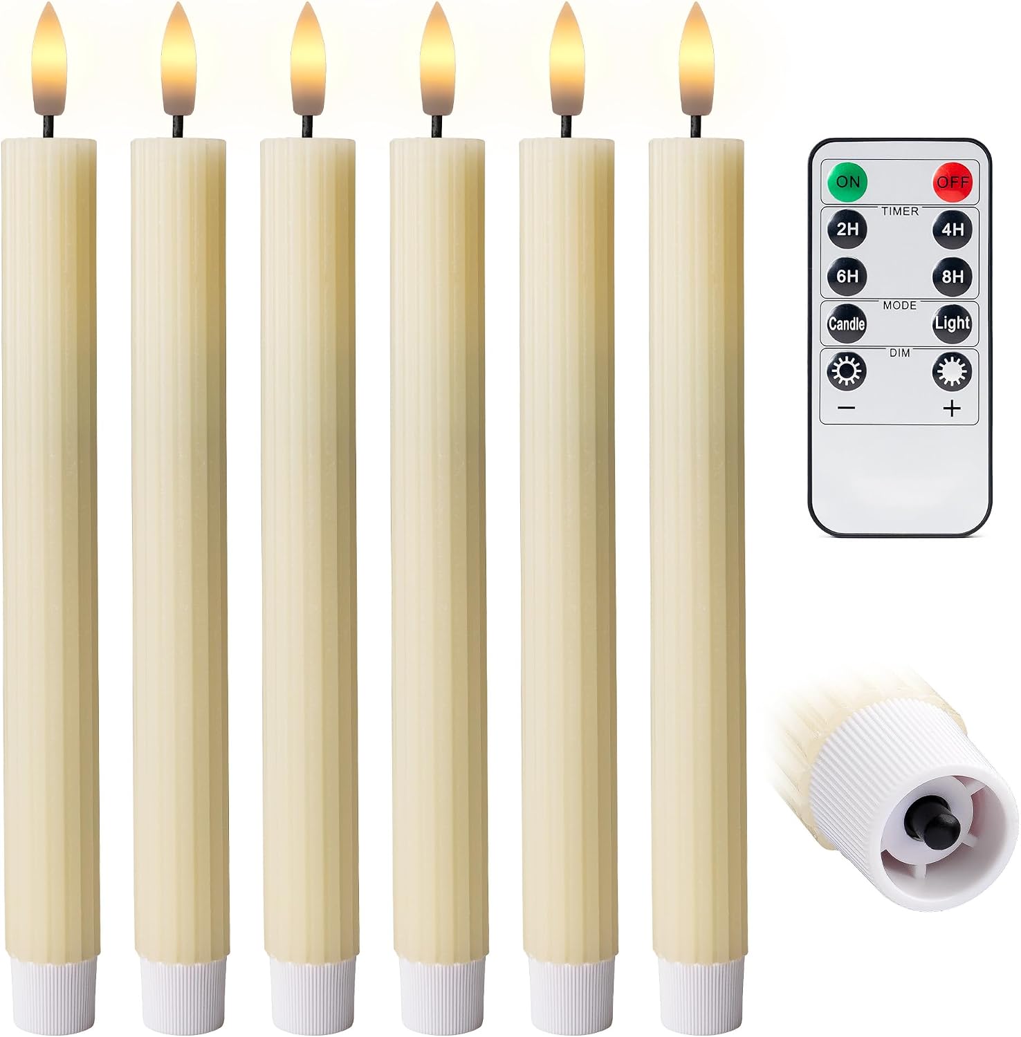 10" Fluted Ribbed LED Ivory Grooved Real Wax Taper Candles, Remote & 24h Timer Memory, On/Off Switch - Flameless