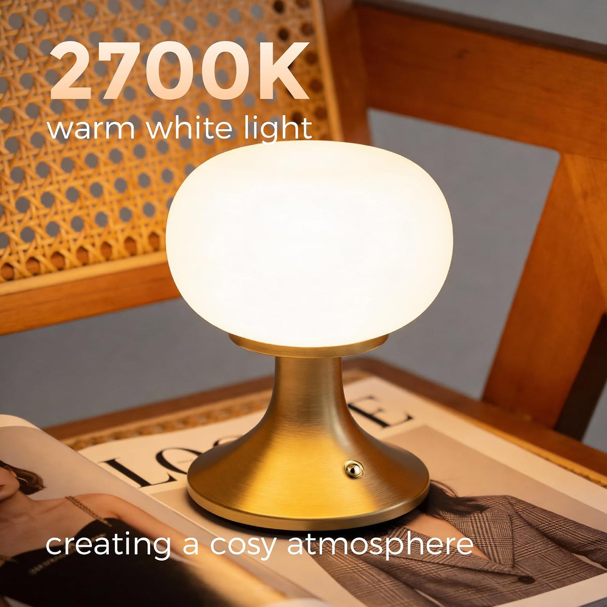 Cordless Mushroom Table Lamp - Stepless Dimming - 2700K Warm Light - Gold | Aluminum Base & Glass Shade - 150LM