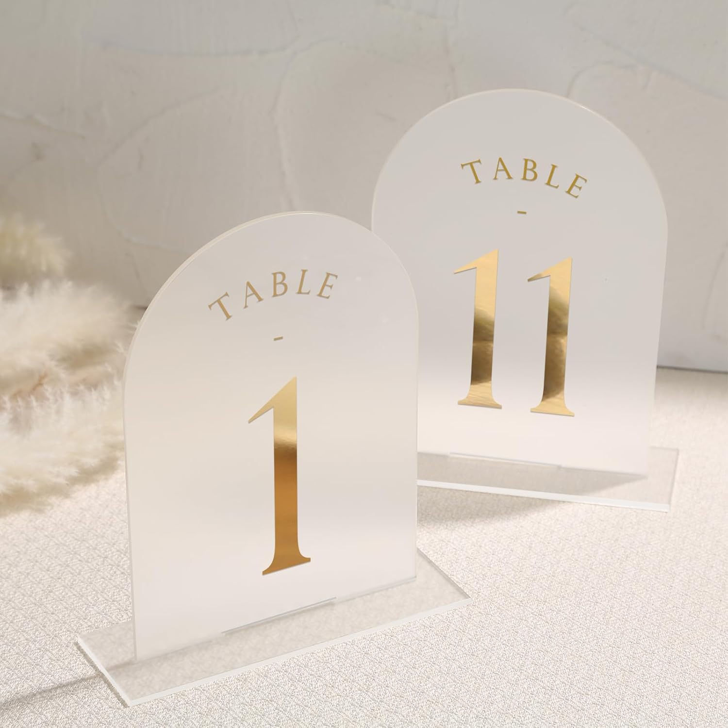 UNIQOOO Frosted Arch Wedding Table Numbers 1-15 w/Stands, Gold Foil Printed 5x7 Acrylic Display Signs &Holders, Pack of