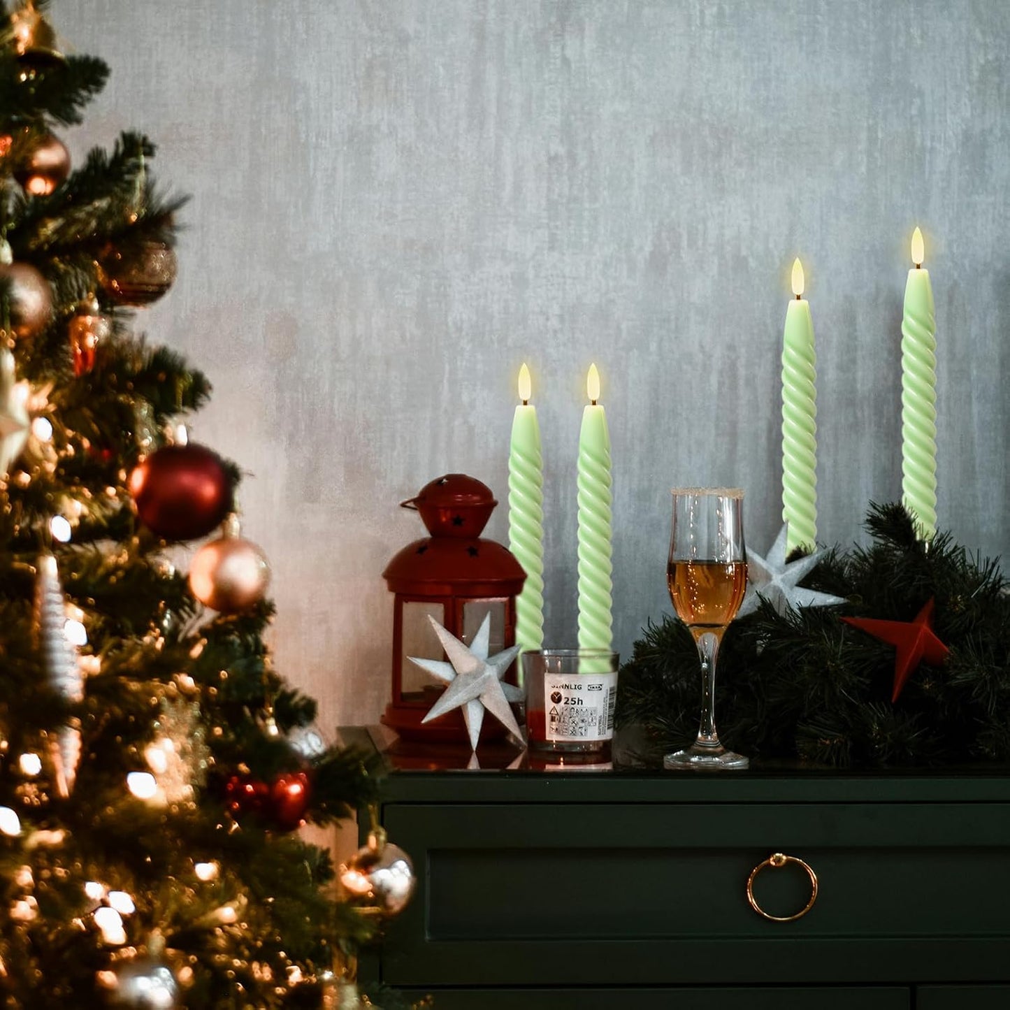 Green Flameless Taper Candles Flickering with Remote Timer | LED Spiral Taper Candles, Flameless Candlesticks, Battery