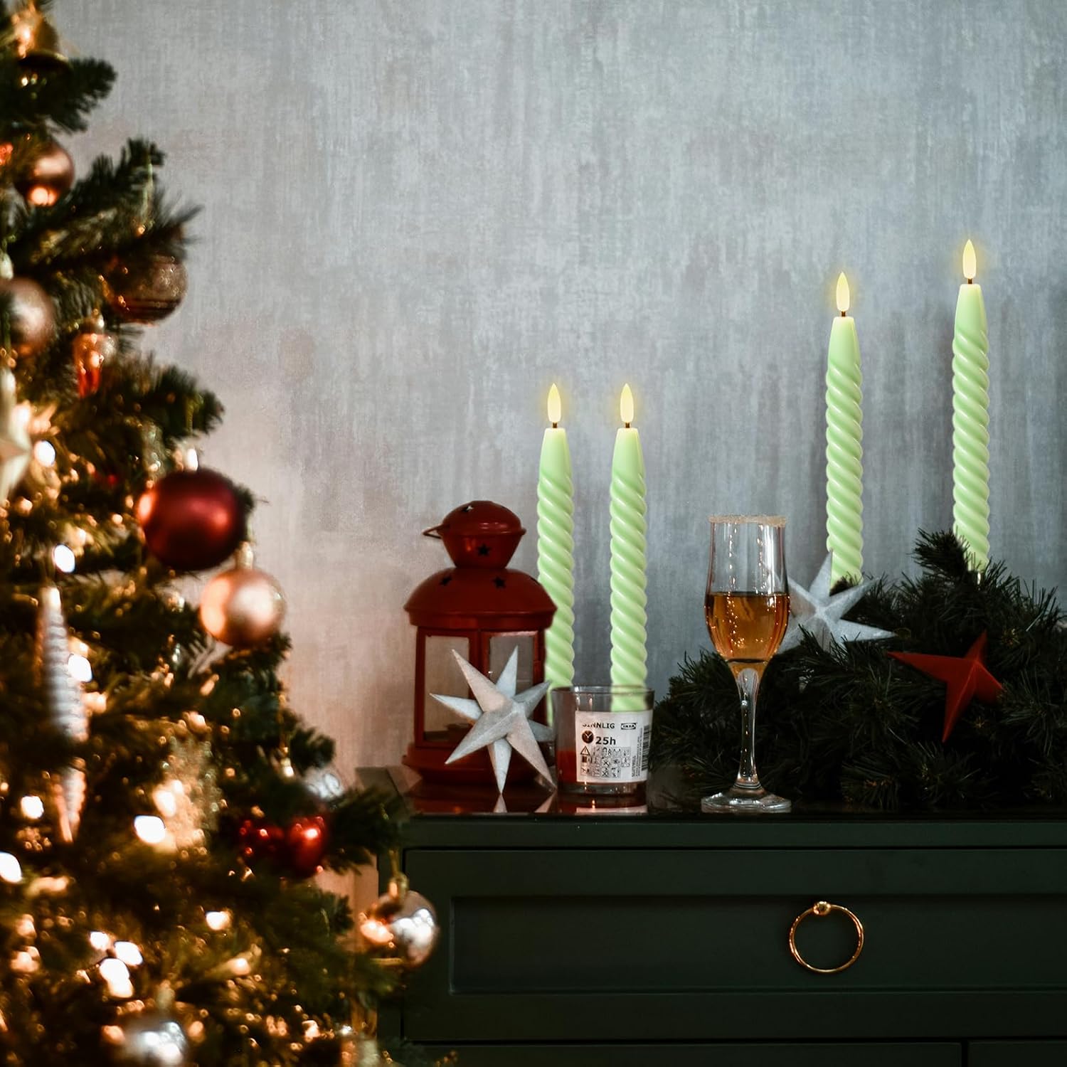 Green Flameless Taper Candles Flickering with Remote Timer | LED Spiral Taper Candles, Flameless Candlesticks, Battery