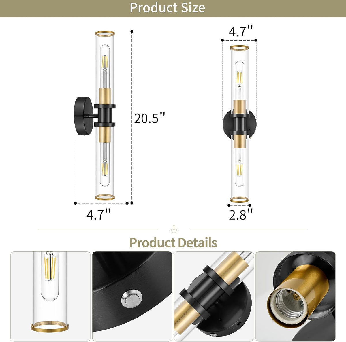 Rayogale Black & Gold Wireless Battery Operated Wall Sconces with Remote | Glass Rechargeable Wall Lights Set of 2 with
