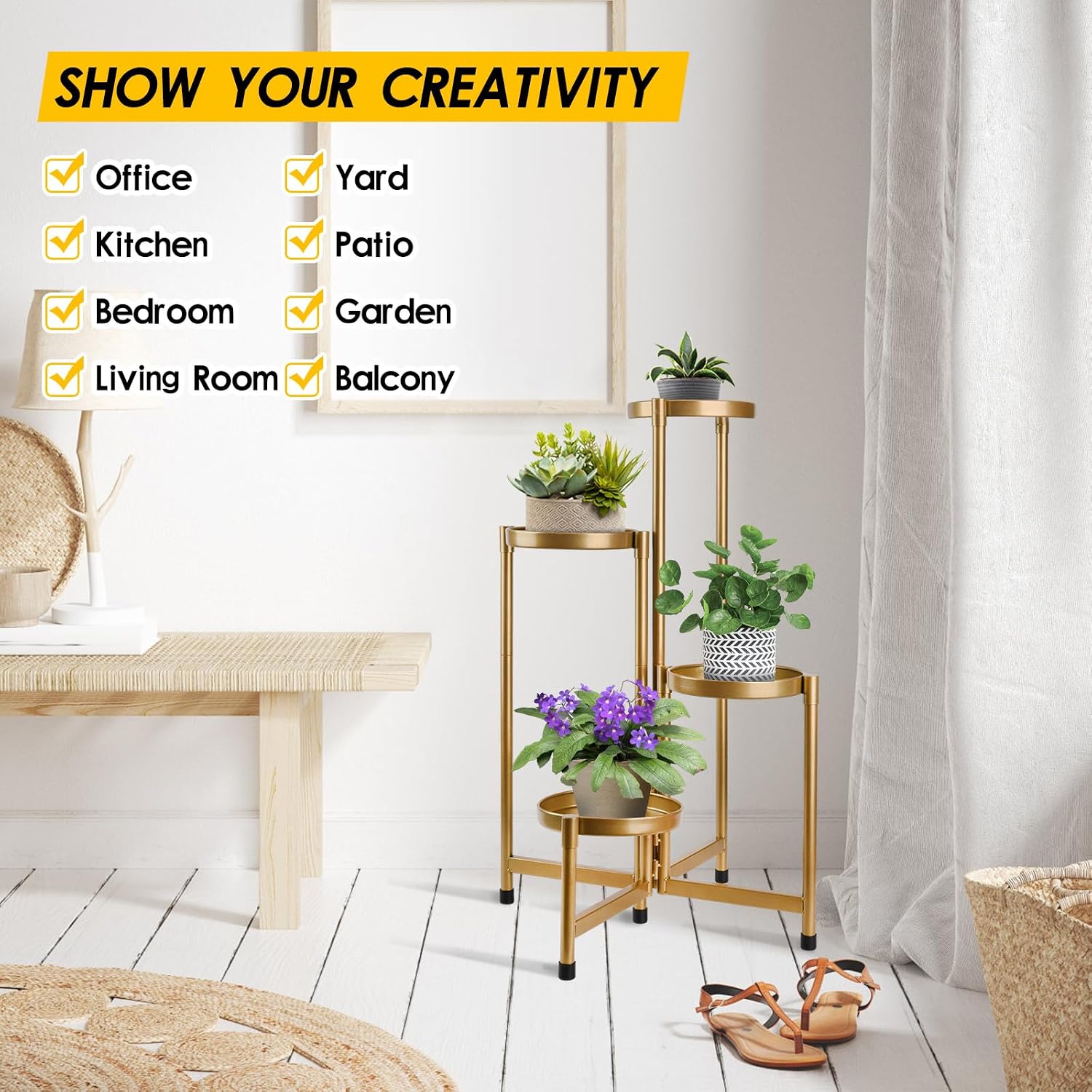 4 Tier Plant Stand Indoor Outdoor, 31 Inch Tall Metal Plant Shelf Waterproof, Plant Holder with Folding Design For