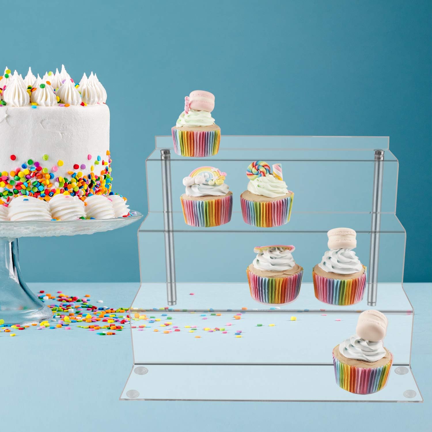 12 x 9 inch Clear Acrylic Display Riser, 4-Step, 2 Pack | Perfume Organizer & Cupcake Stand Shelf, Space-Saving for