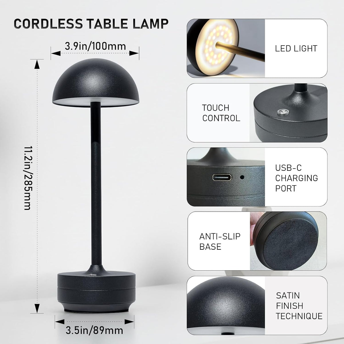 LED Cordless Table Lamp 5000mAh Rechargeable Battery Light Black | Outdoor Portable Battery Operated Up to 60H Touch 3