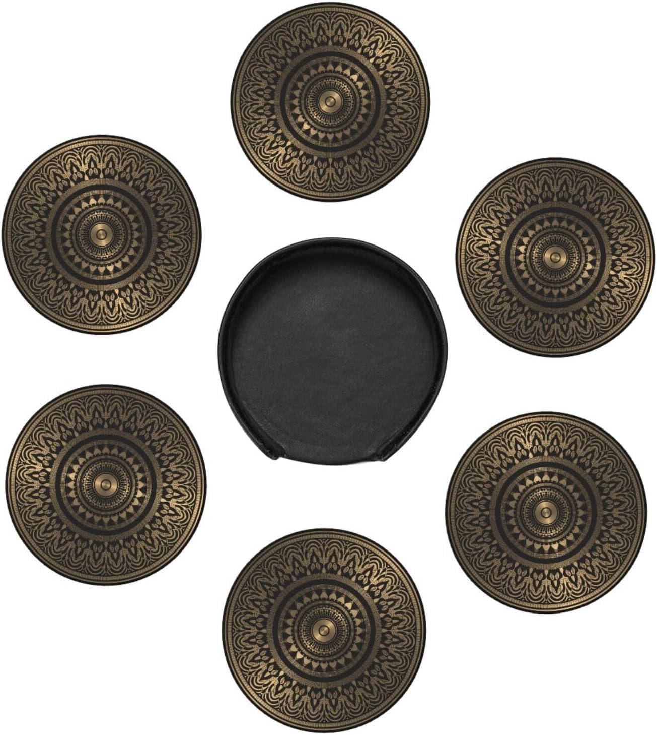Holder Stand / Pu Leather Absorbent Coasters / Gold Black Mandala Rosette / Set of 6