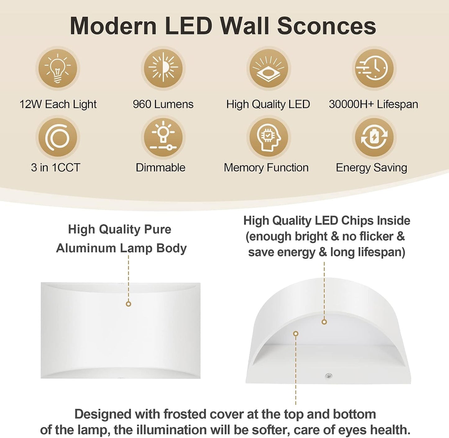 TRLIFE Dimmable Wall Sconces, 3000K/4000K/6000K Selectable Modern Wall Sconce 12W LED Aluminum Wall Mounted Light Set