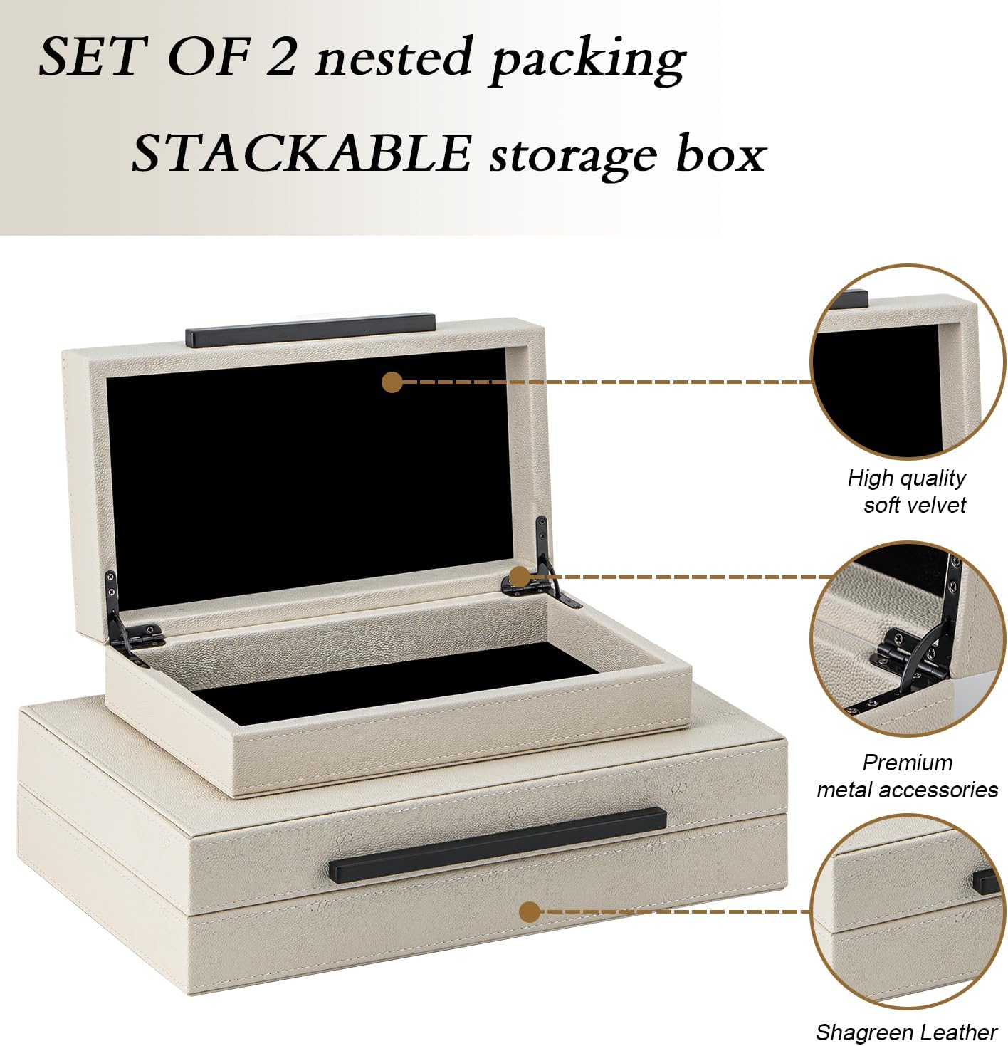 Faux Leather Jewelry & Memory Boxes / Beige+black Handles / 14.2 In / Set of 2