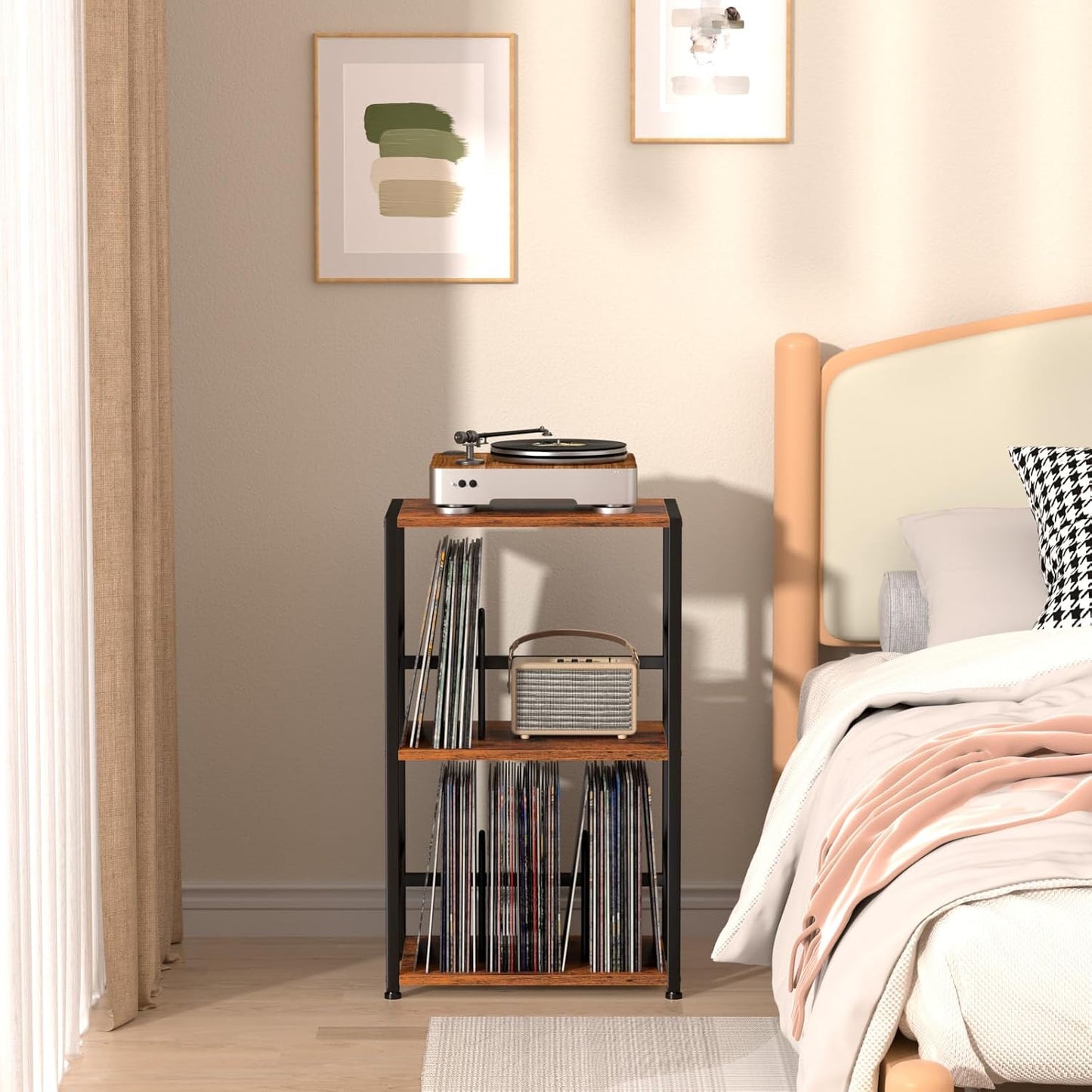 Record Player Stand, Turntable Stand with Vinyl Record Storage | Vinyl Record Player Table Holds 200 Albums, 3 Tier End