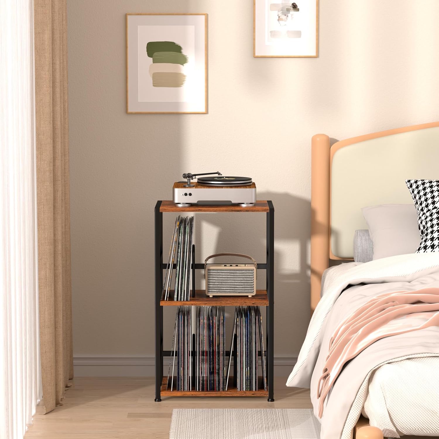 Record Player Stand, Turntable Stand with Vinyl Record Storage | Vinyl Record Player Table Holds 200 Albums, 3 Tier End