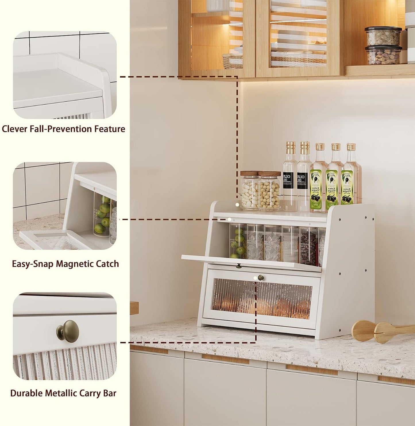Double Layer Large Bamboo Bread Box for Kitchen Counter, Wooden Large Capacity Bread Storage Bin with Window Bread
