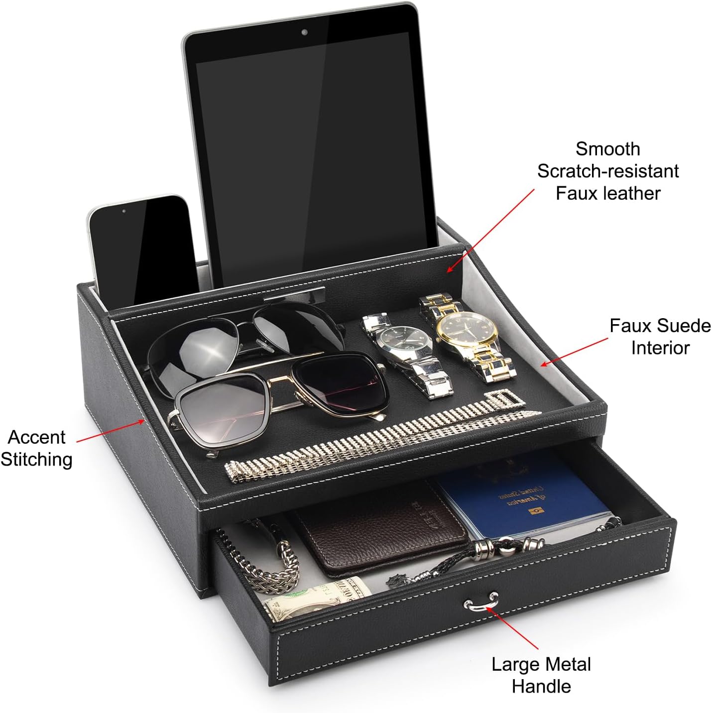 Baoyun Gifts for Dad Mens Nightstand Organizer, Jewelry Box for Men, Mens Dresser Organizer Countertop, Large Capacity