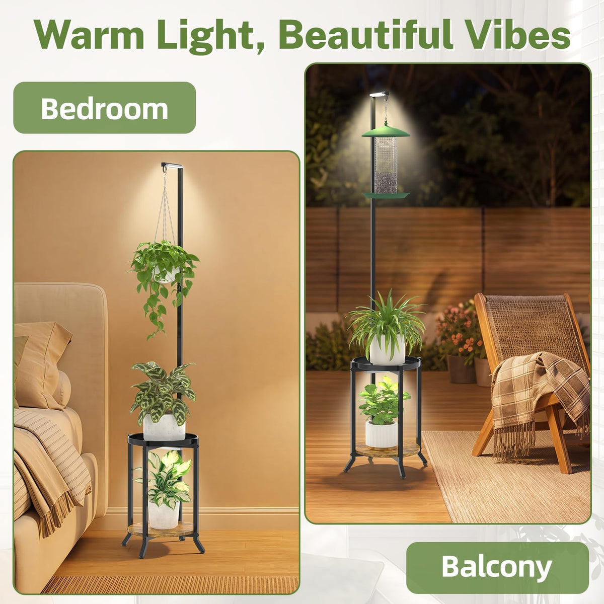 iDavosic.ly Hanging Plant Stand with Grow Light Indoor, 2 Tier, Black Brown | Tall Vertical Corner Metal Flower Shelf